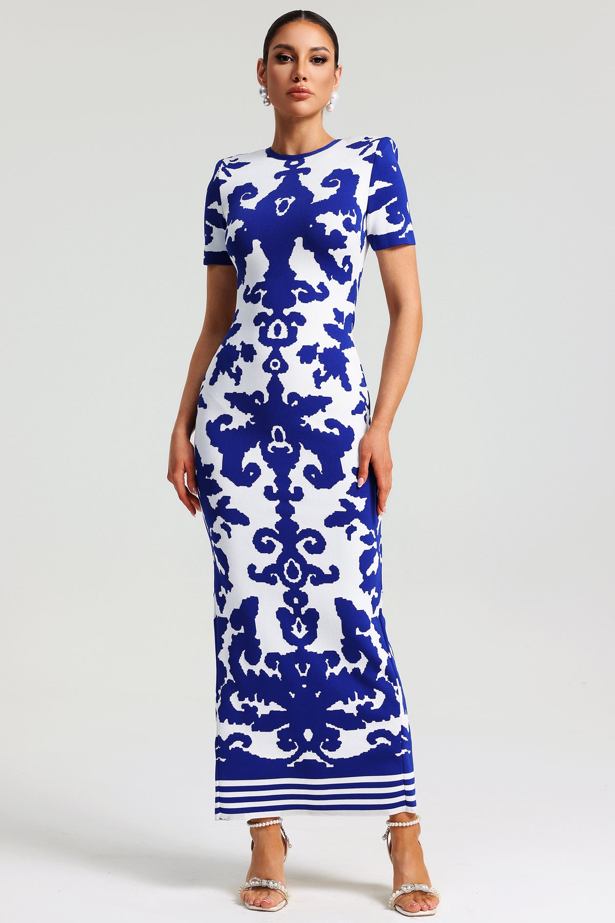 Lerae Round Neck Short Sleeve Jacquard Bandage Maxi Dress