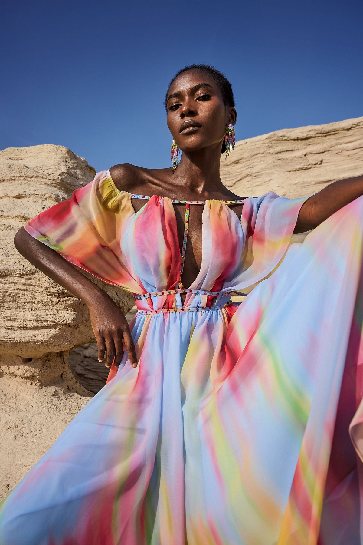 Zaysha Off-The-Shoulder Hollow Out Printing Midi Dress