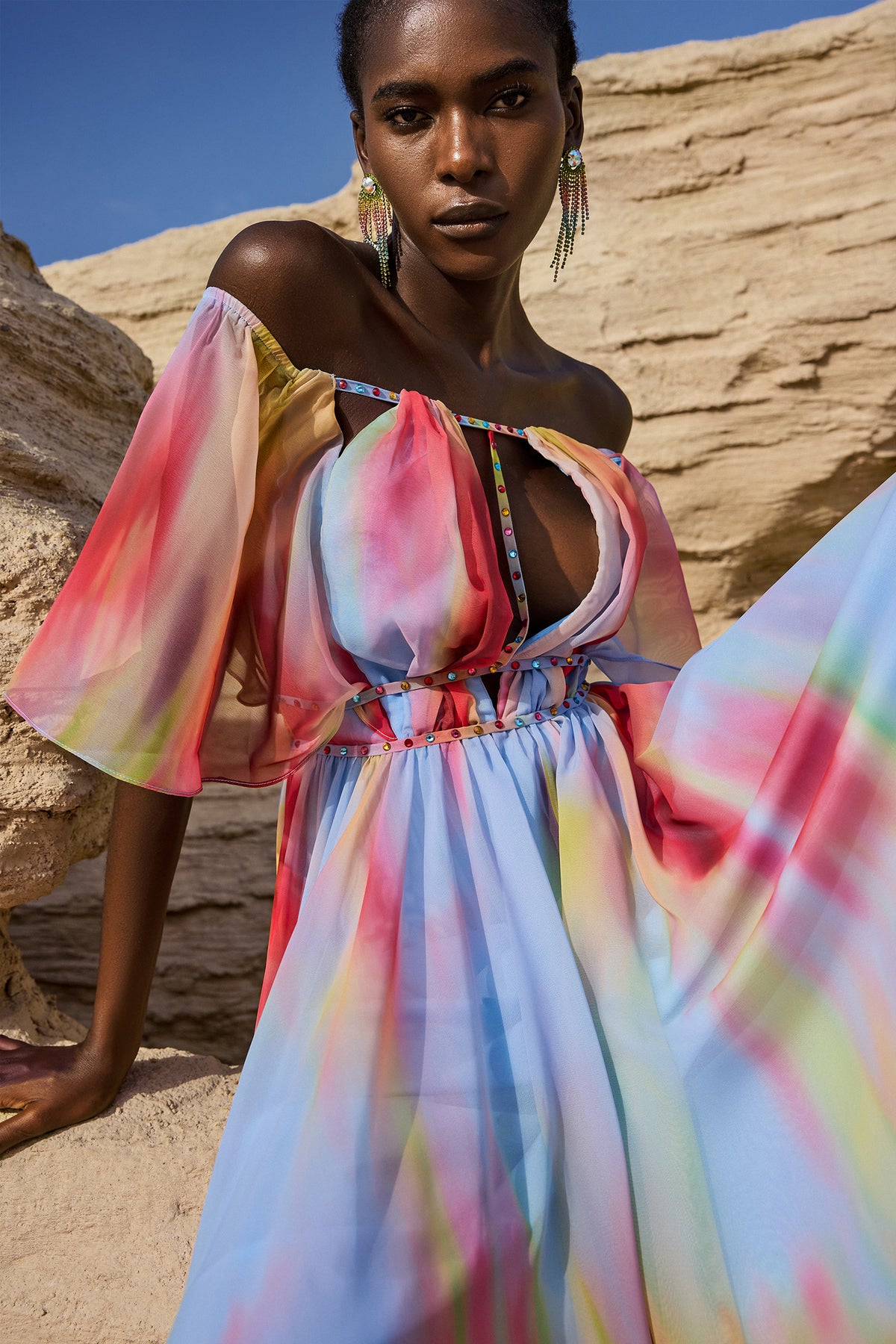 Zaysha Off-The-Shoulder Hollow Out Printing Midi Dress