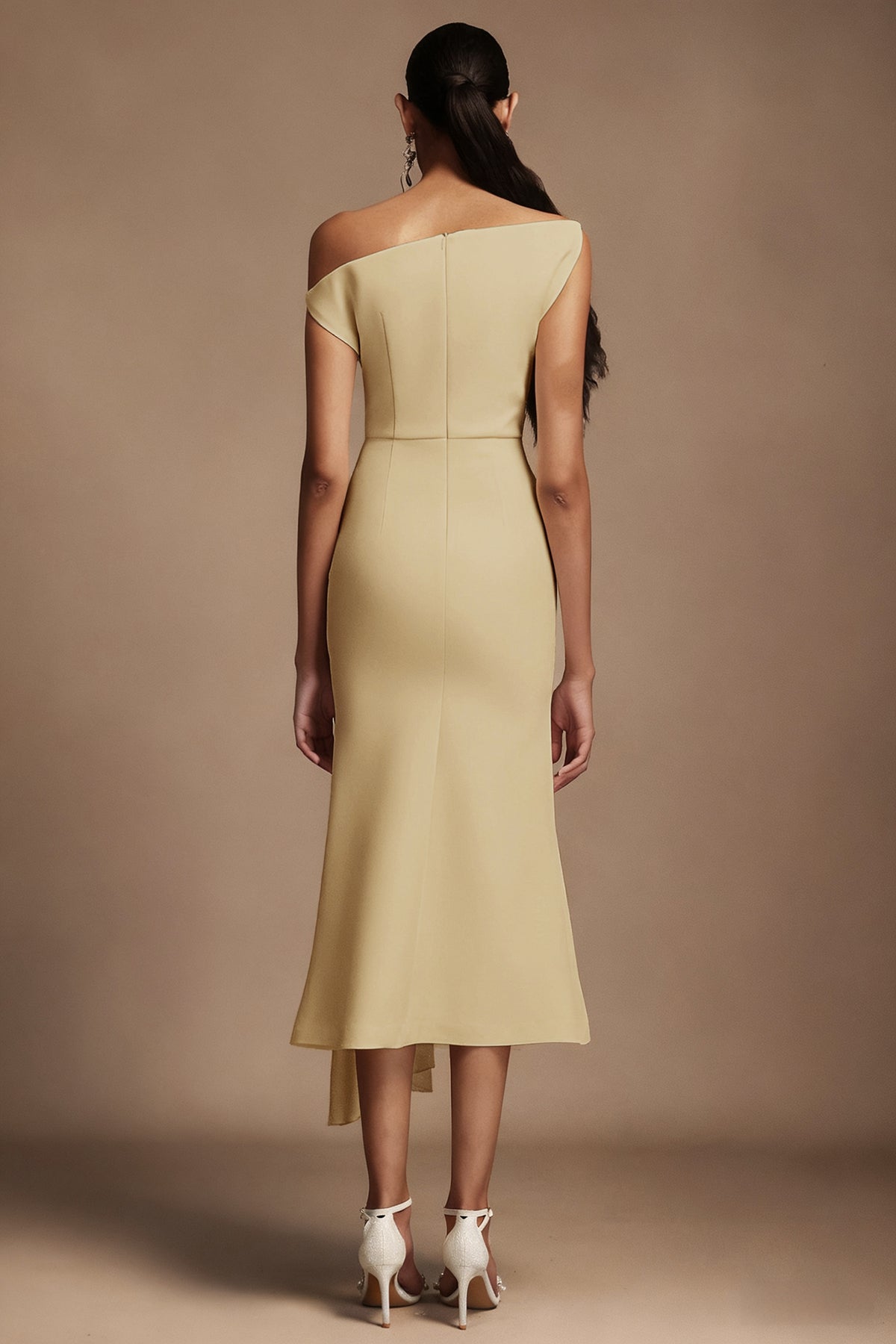 Paulina Oblique Shoulder Sleeveless Folds Midi Dress