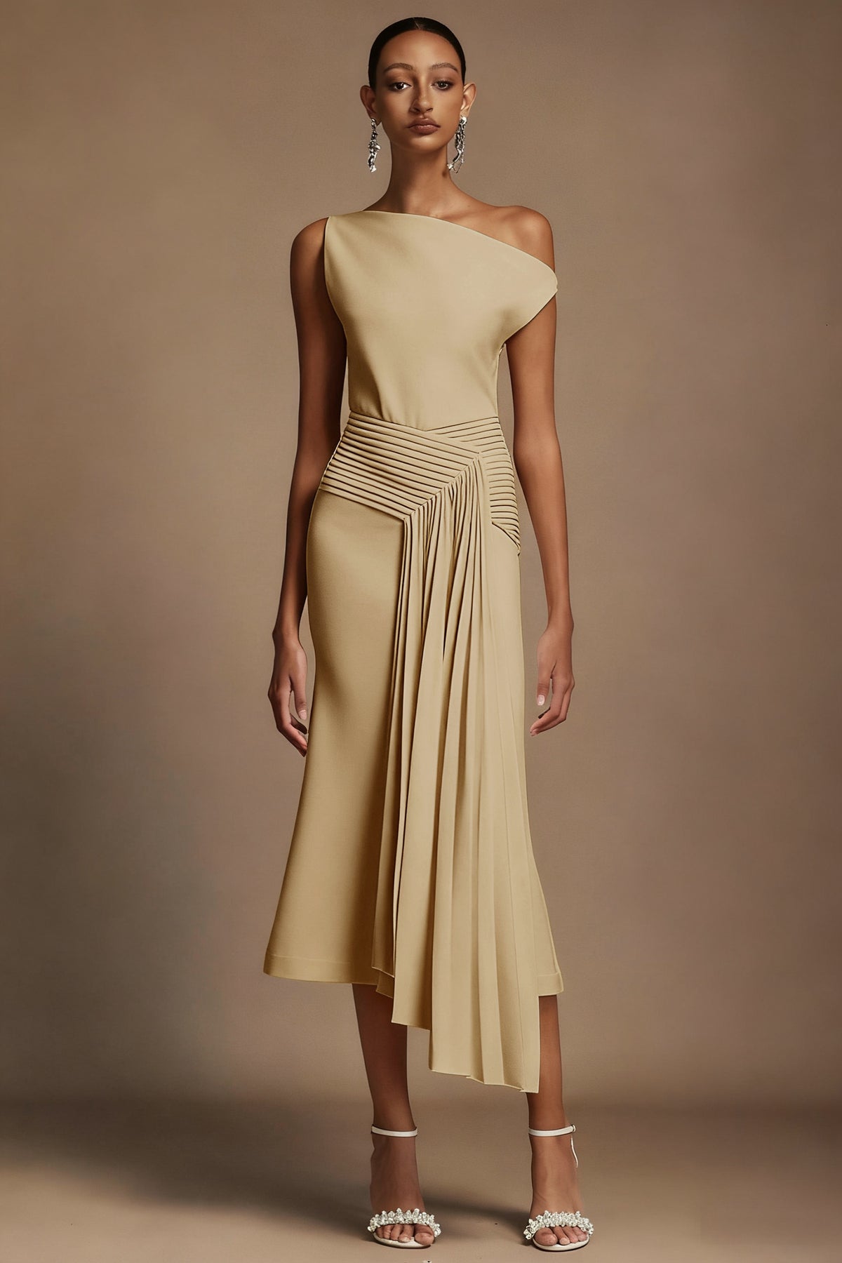 Paulina Oblique Shoulder Sleeveless Folds Midi Dress