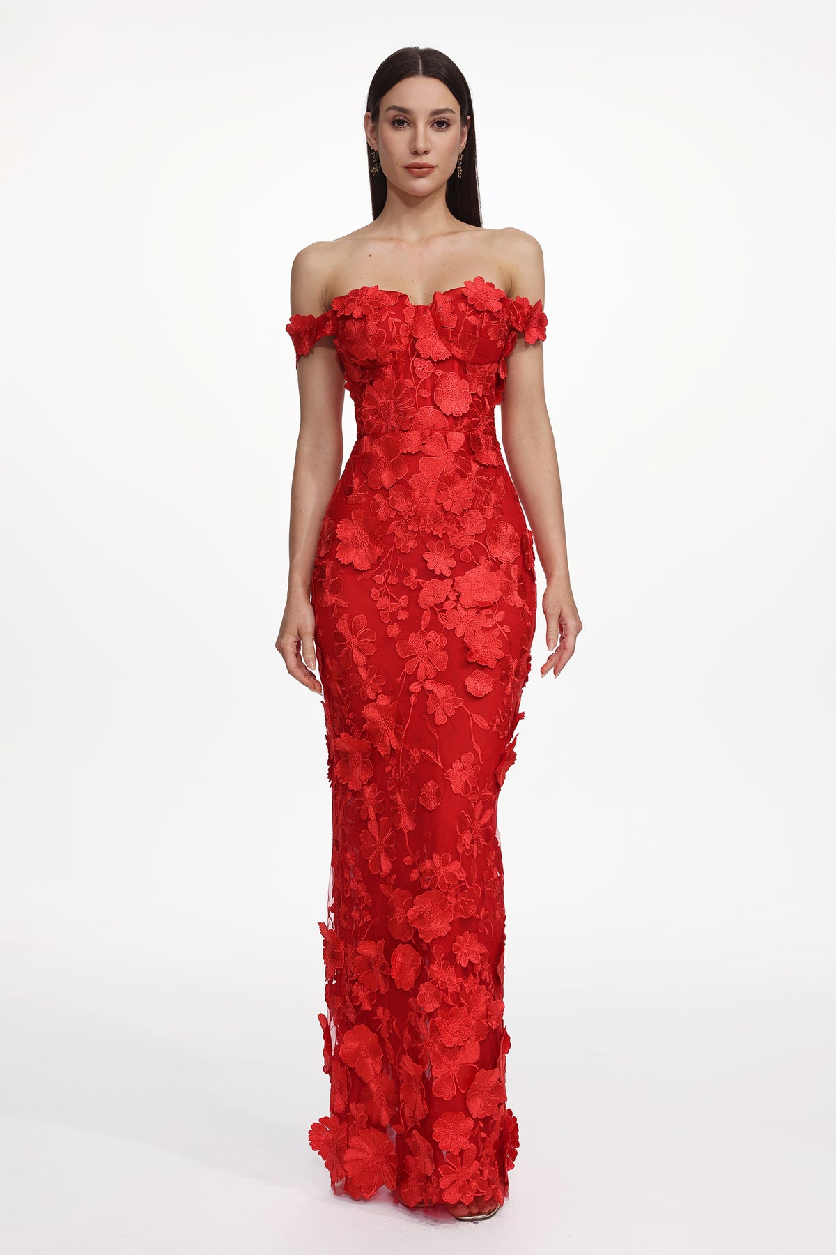 Off Shoulder Floral Embroidered Maxi Dress