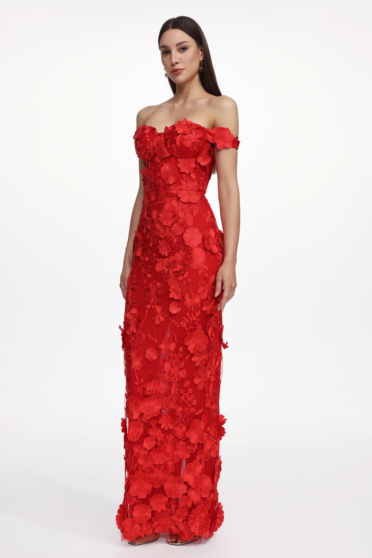Off Shoulder Floral Embroidered Maxi Dress