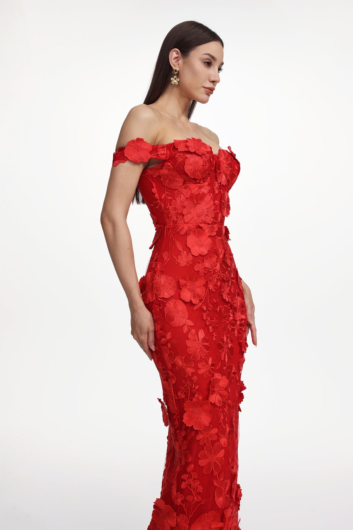 Off Shoulder Floral Embroidered Maxi Dress