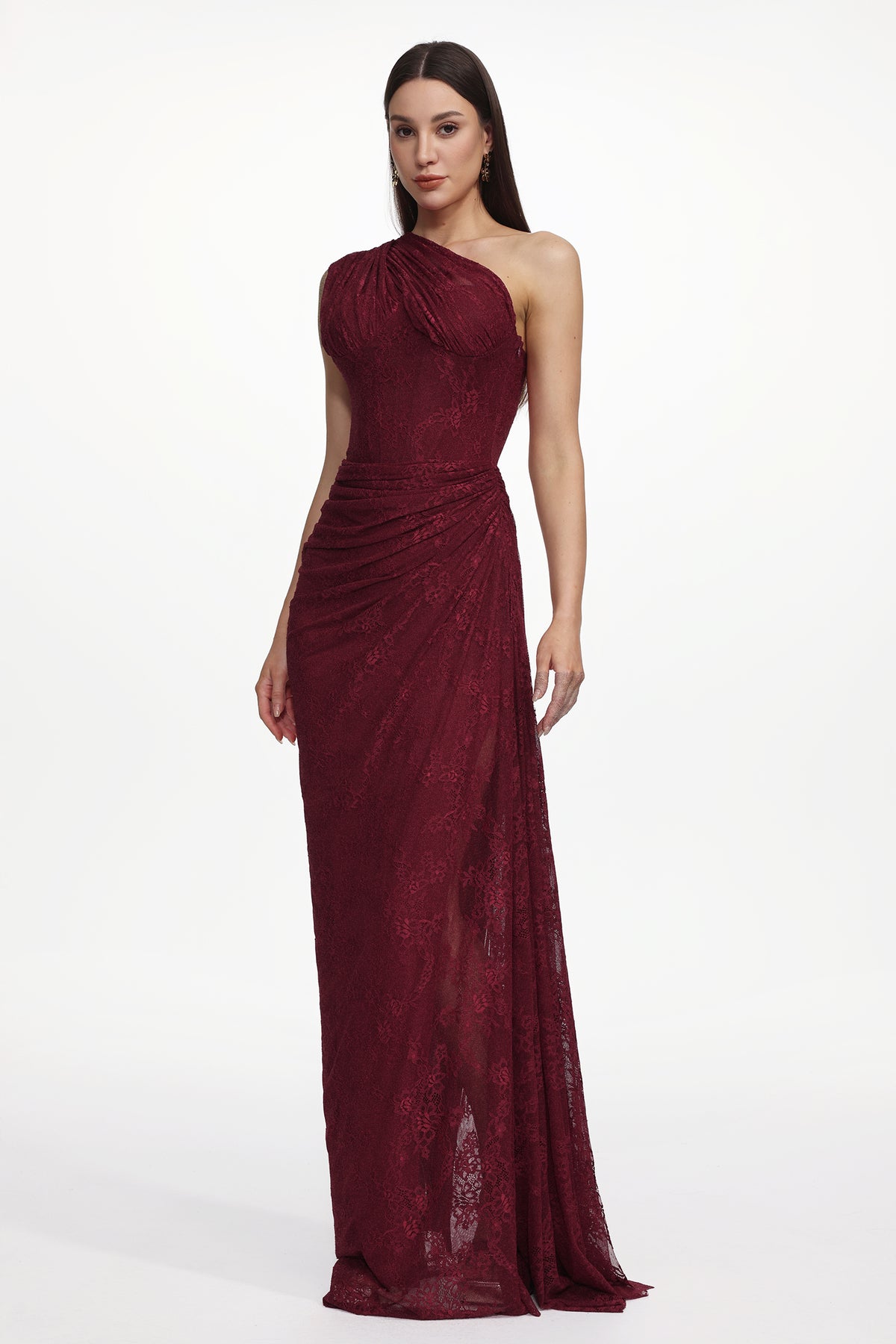 Finch Sleeveless Ruched Lace Knit Maxi Dress