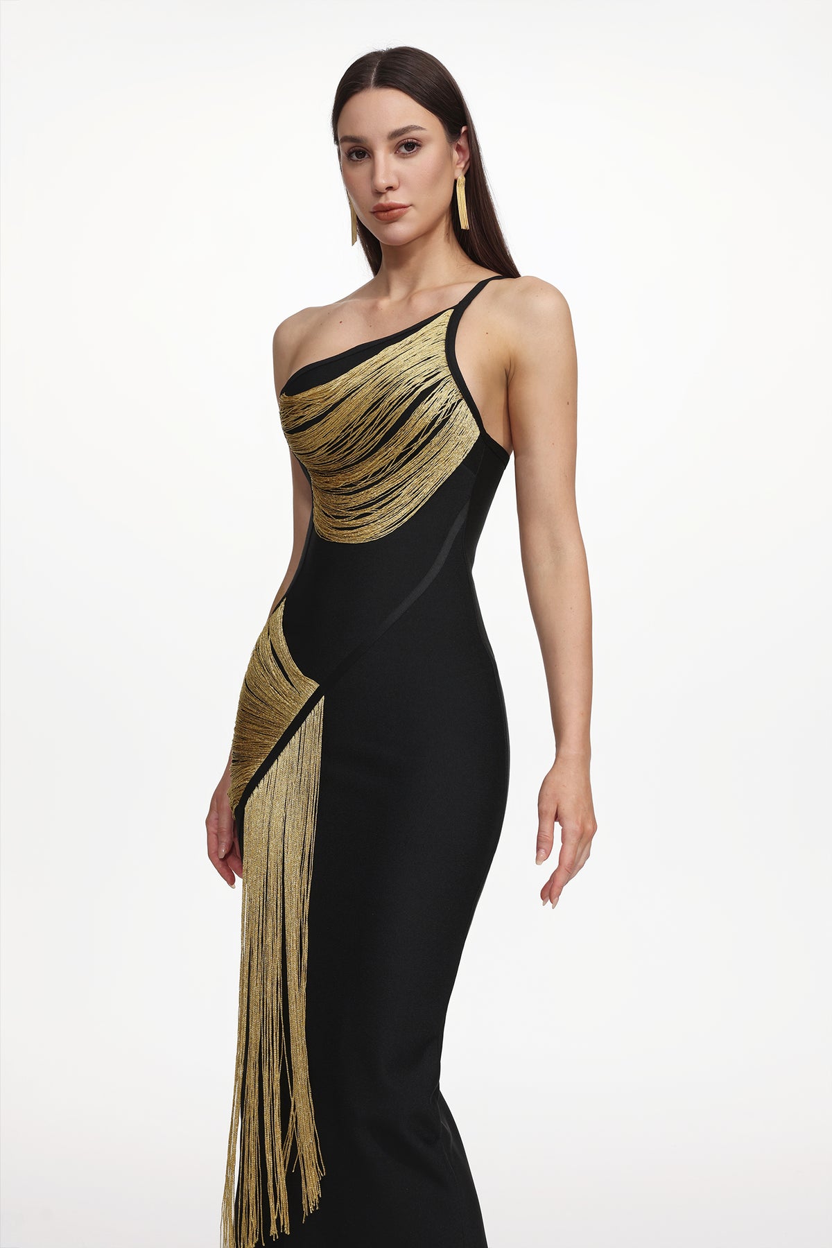 Roanna One Shoulder Sleeveless Golden Tassels Bandage Maxi Dress