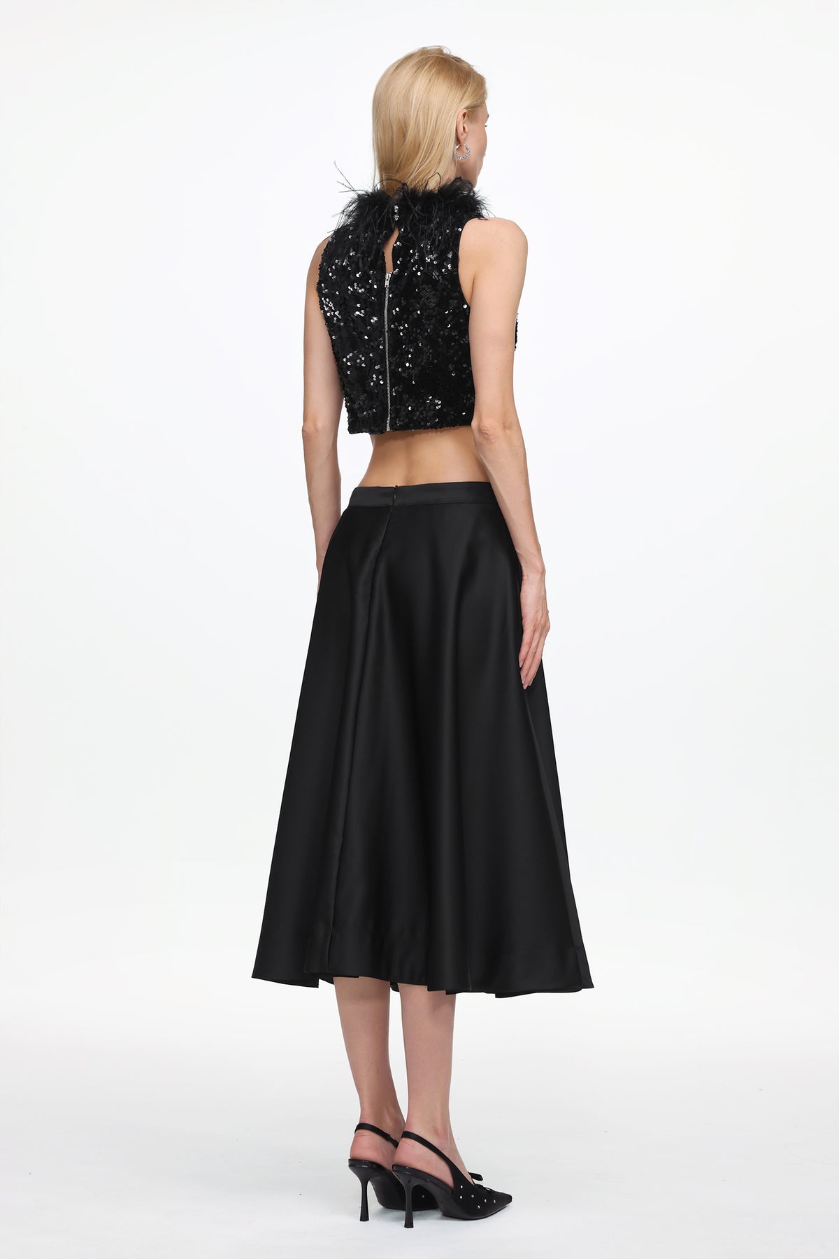 Sleeveless Feather Sequin Velvet Top and Satin Skirt Set