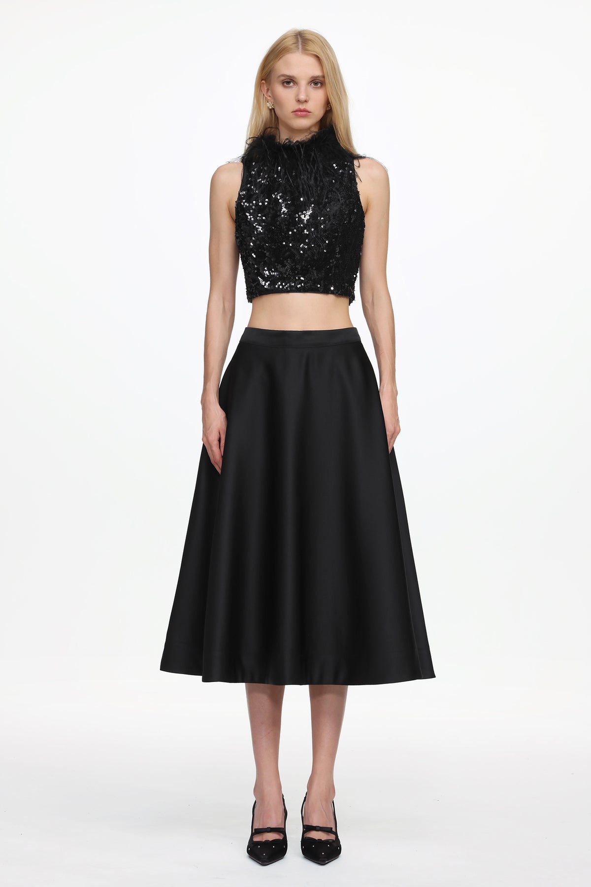 Sleeveless Feather Sequin Velvet Top and Satin Skirt Set