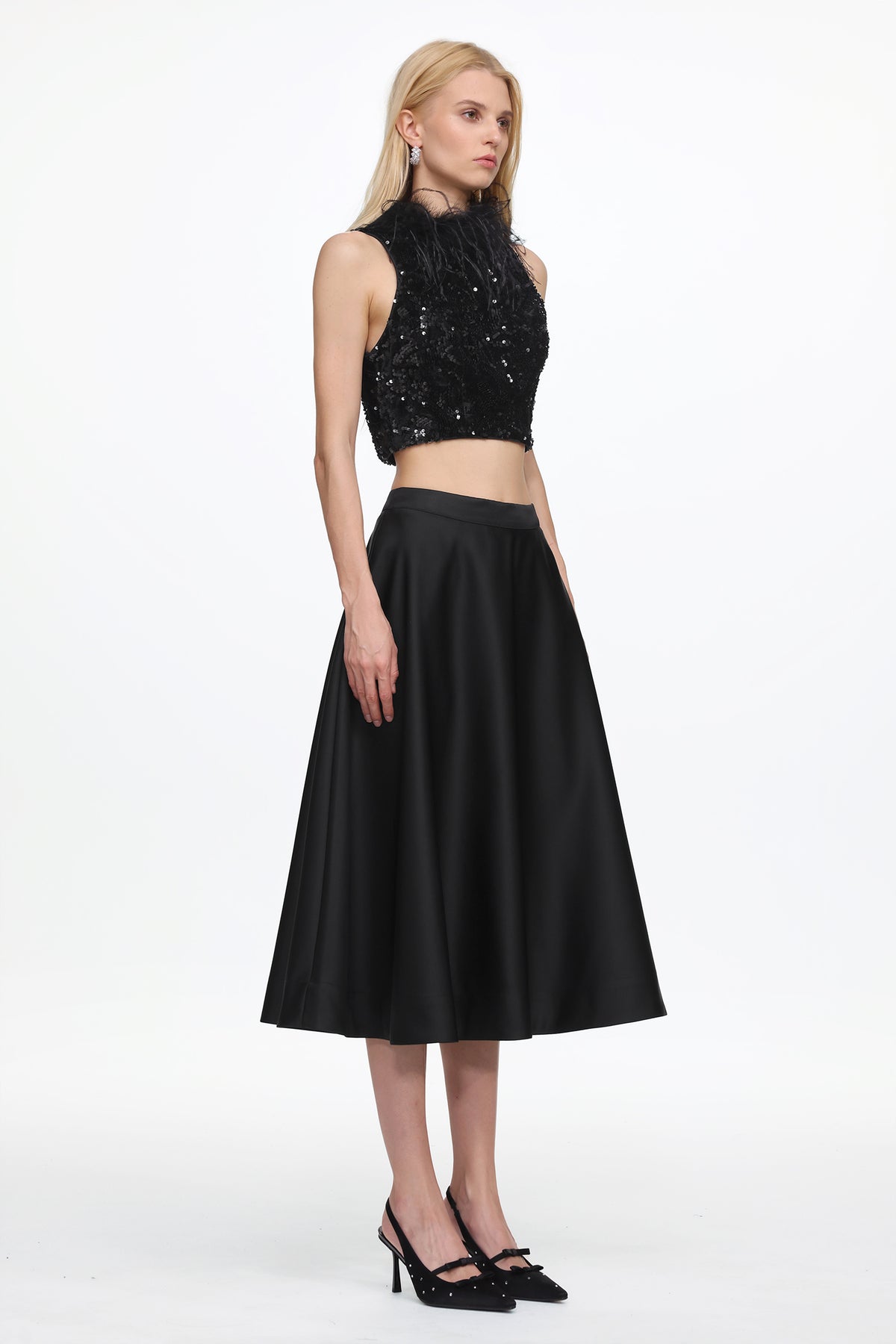 Sleeveless Feather Sequin Velvet Top and Satin Skirt Set