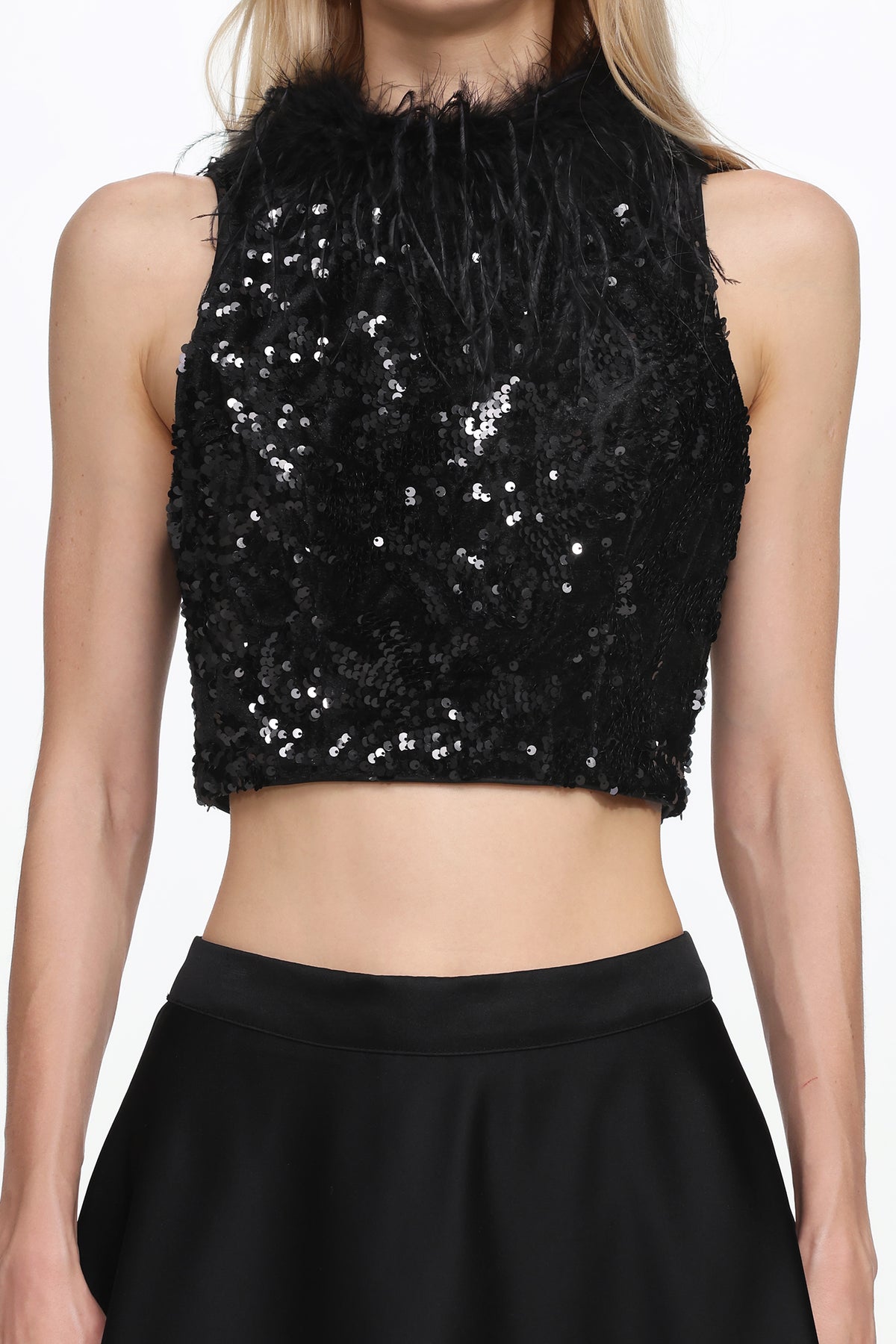Sleeveless Feather Sequin Velvet Top and Satin Skirt Set