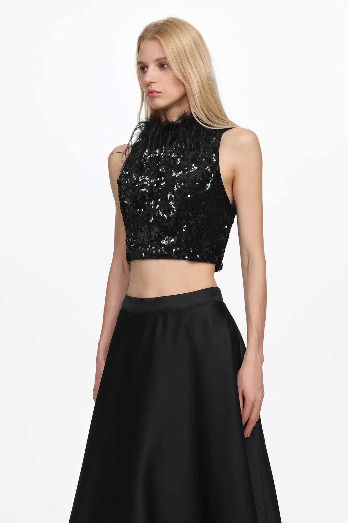 Sleeveless Feather Sequin Velvet Top and Satin Skirt Set