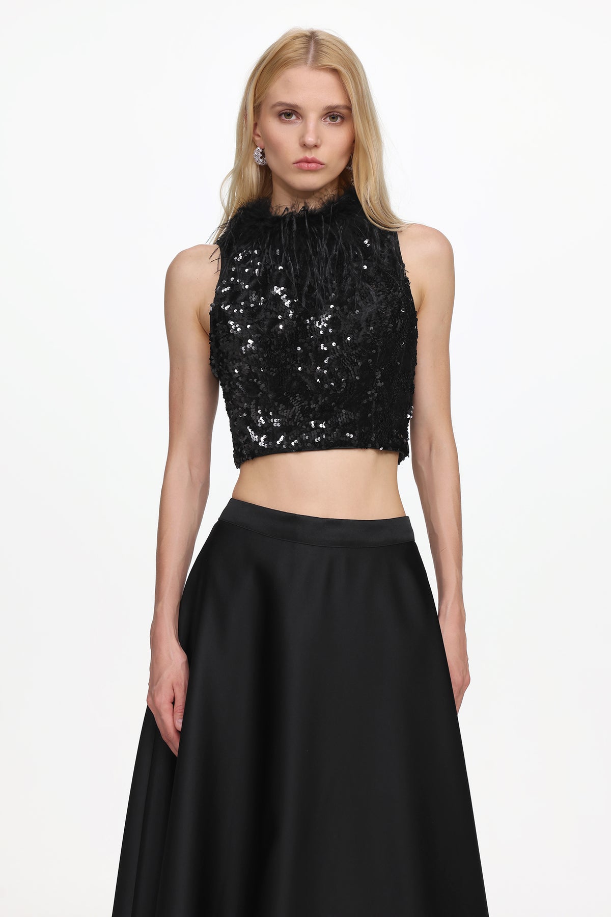 Sleeveless Feather Sequin Velvet Top and Satin Skirt Set