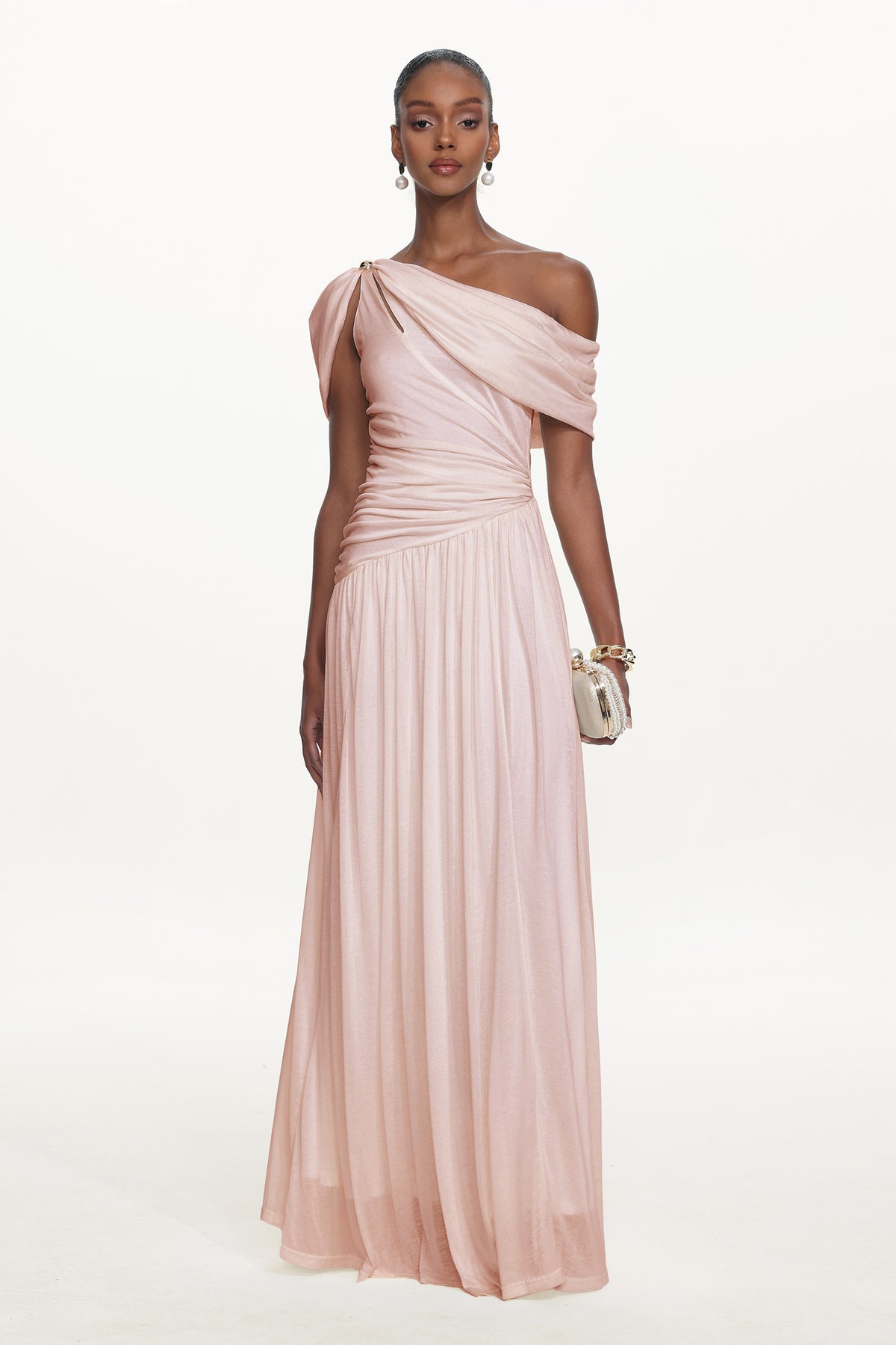 Salina Sleeveless Asymmetric Cut Out Ruched Knit Maxi Dress – Pink