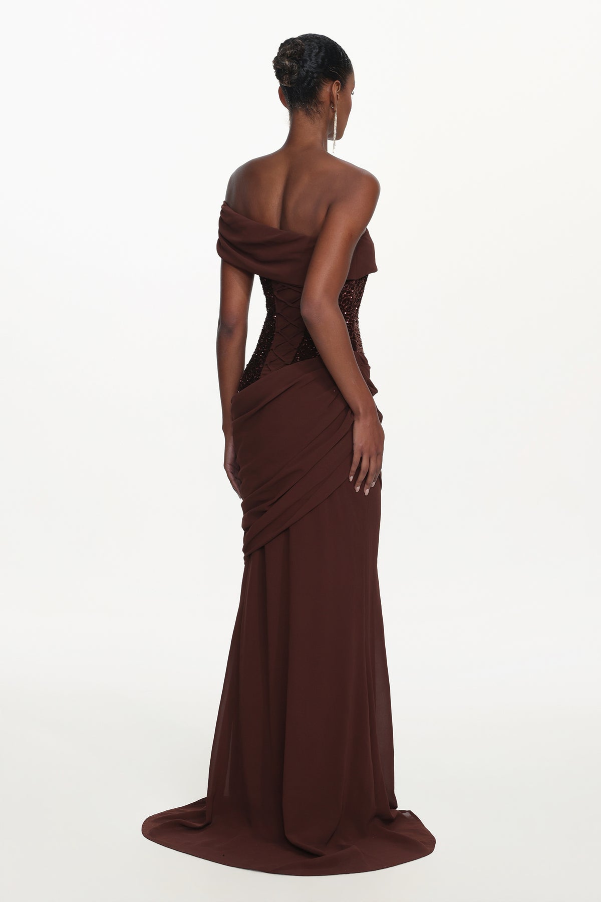 Naleza Off Shoulder Asymmetric Ruched Sequin Maxi Dress