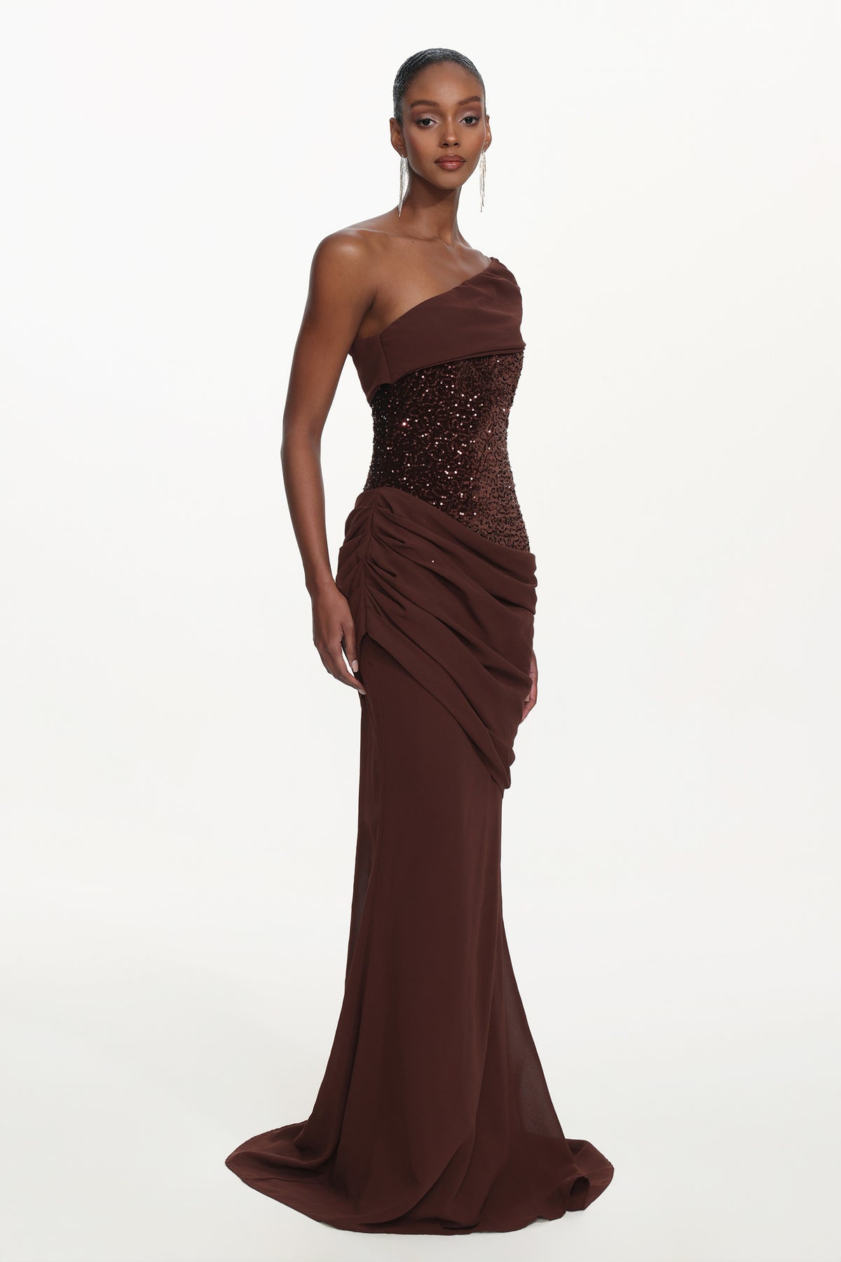Naleza Chic Contour Off Shoulder Asymmetric Ruched Sequin Maxi Dress