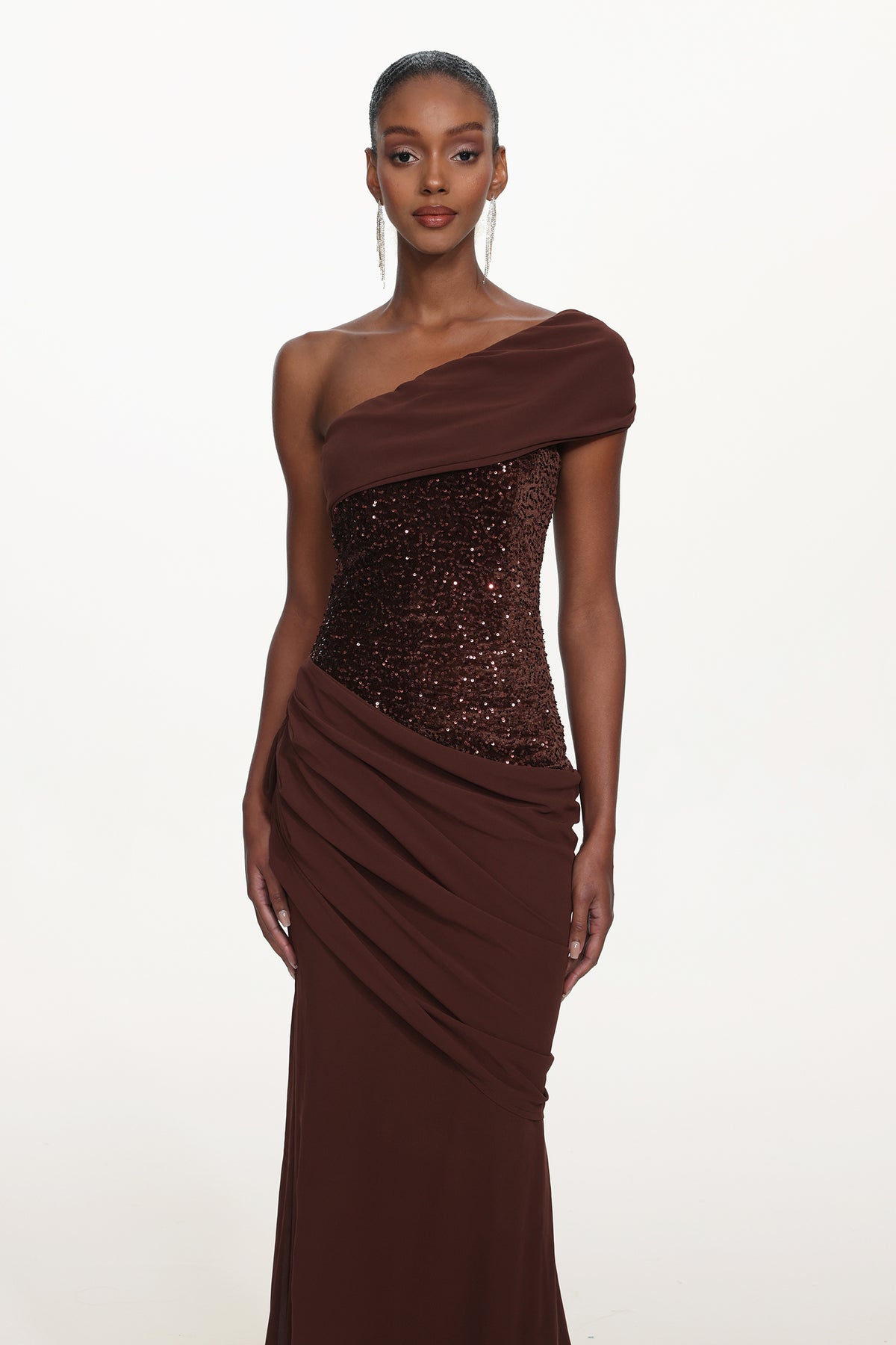 Naleza Off Shoulder Asymmetric Ruched Sequin Maxi Dress