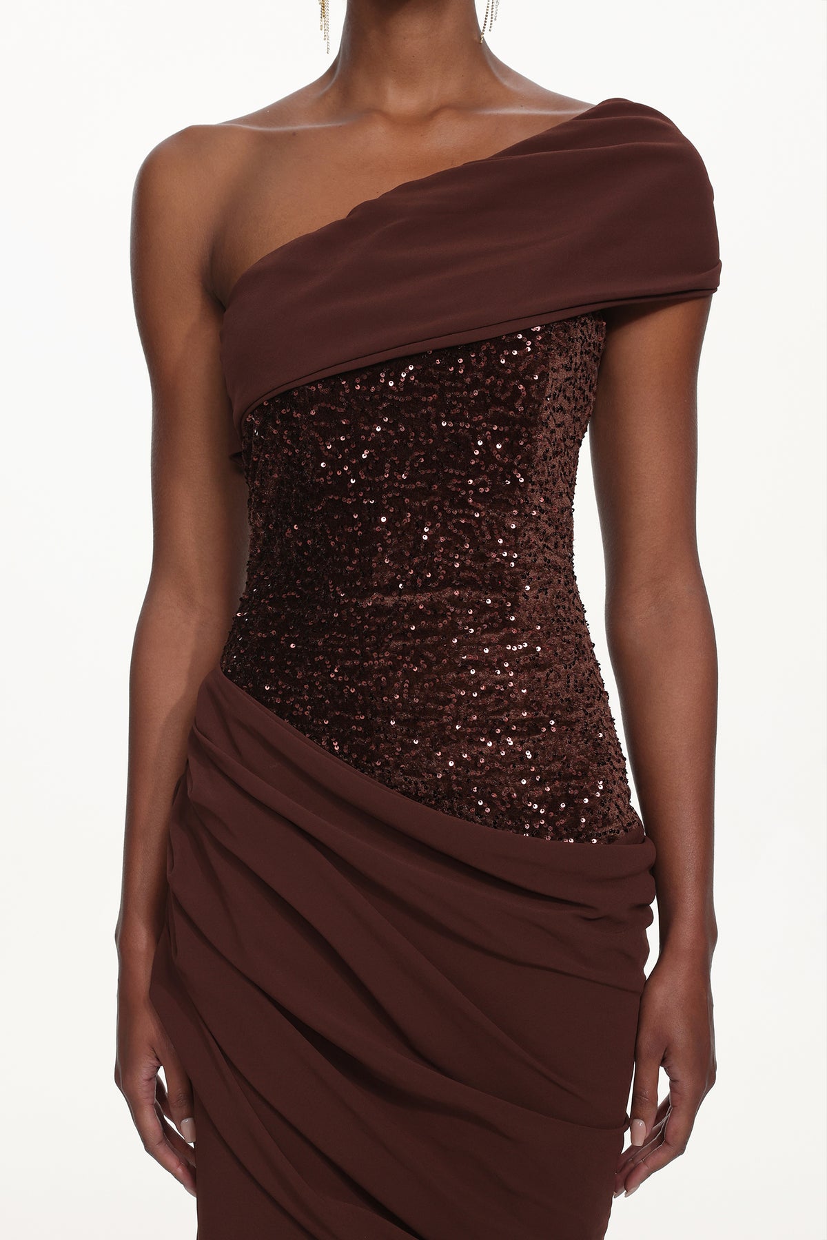 Naleza Chic Contour Off Shoulder Asymmetric Ruched Sequin Maxi Dress