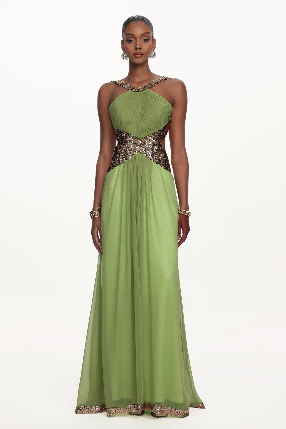 Melisa Chic Flowy Halter Pleated Cut Out Sequin Maxi Dress