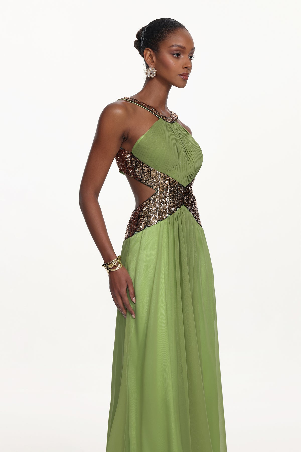 Melisa Flowy Halter Pleated Cut Out Sequin Maxi Dress