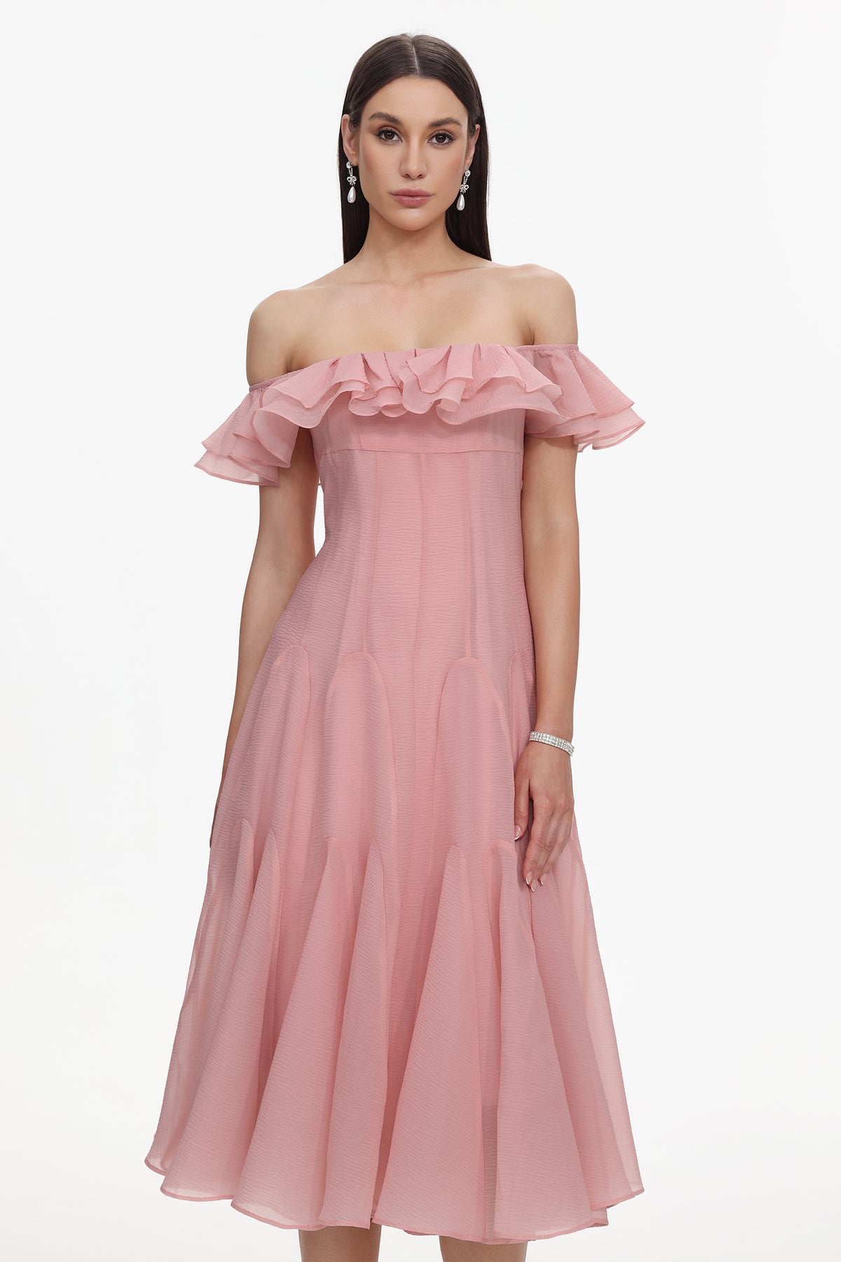 Wika Flowy Off Shoulder Ruffle Midi Dress