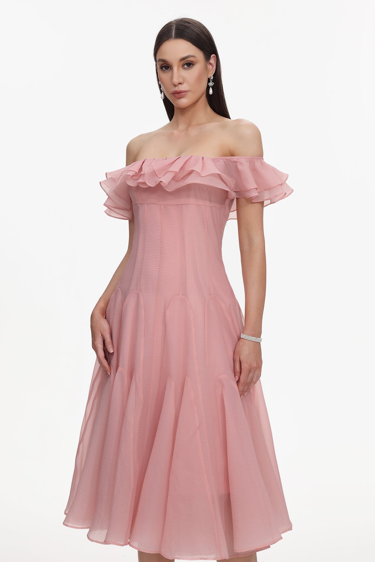 Wika Flowy Off Shoulder Ruffle Midi Dress