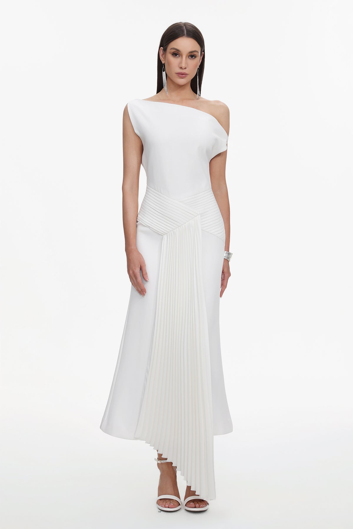 Paulina Oblique Shoulder Sleeveless Folds Midi Dress