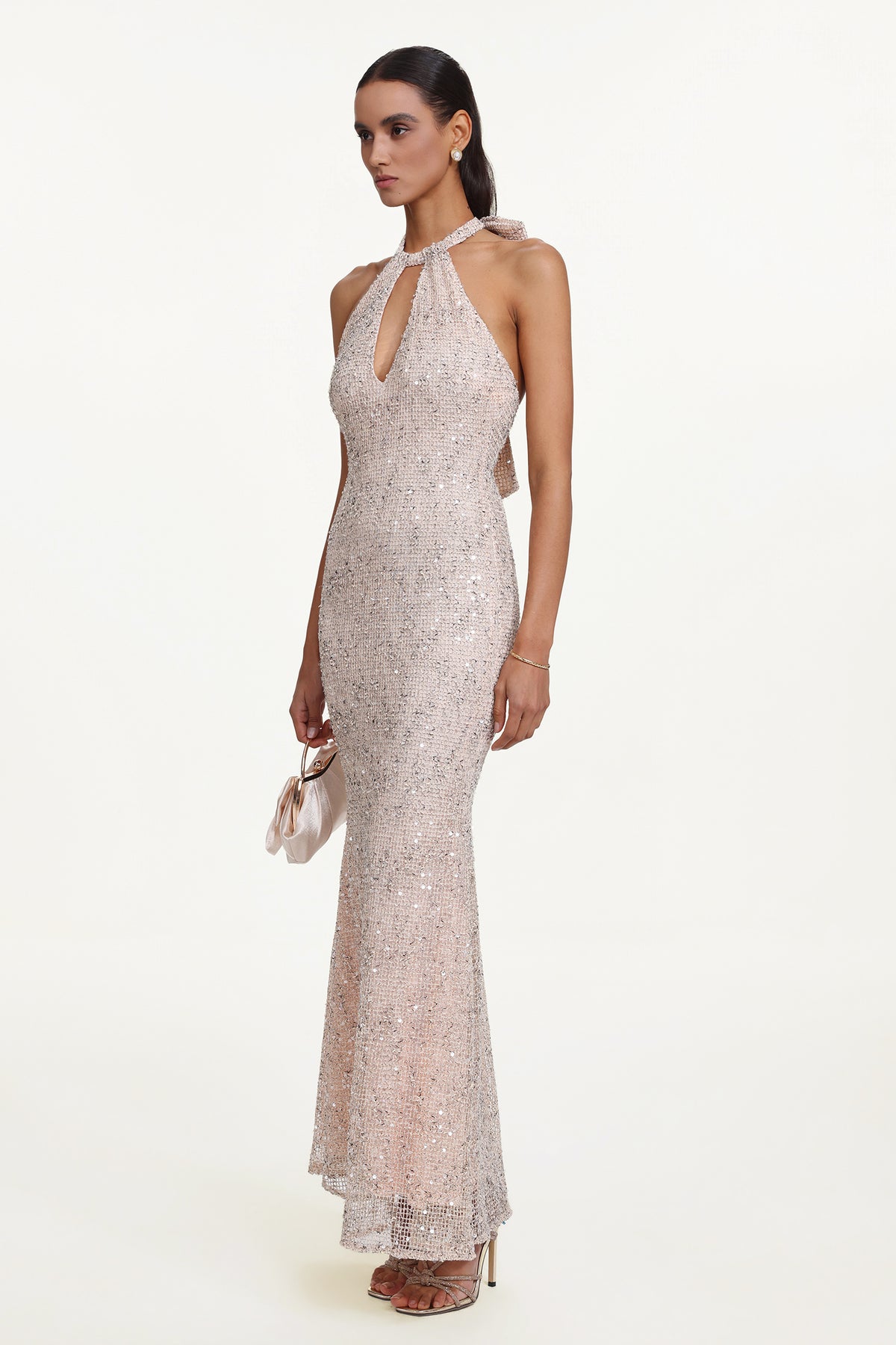 Saslim Halter Cut Out Sequin Maxi Dress