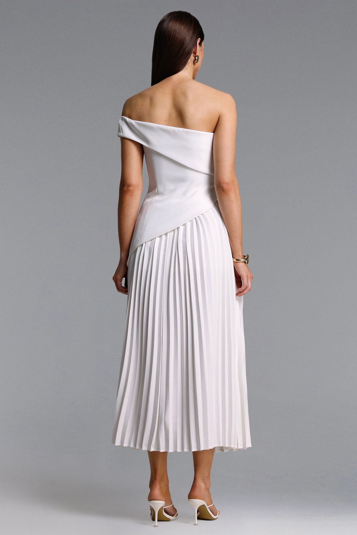 Vickee Off Shoulder Asymmetric Pleated Maxi Dress
