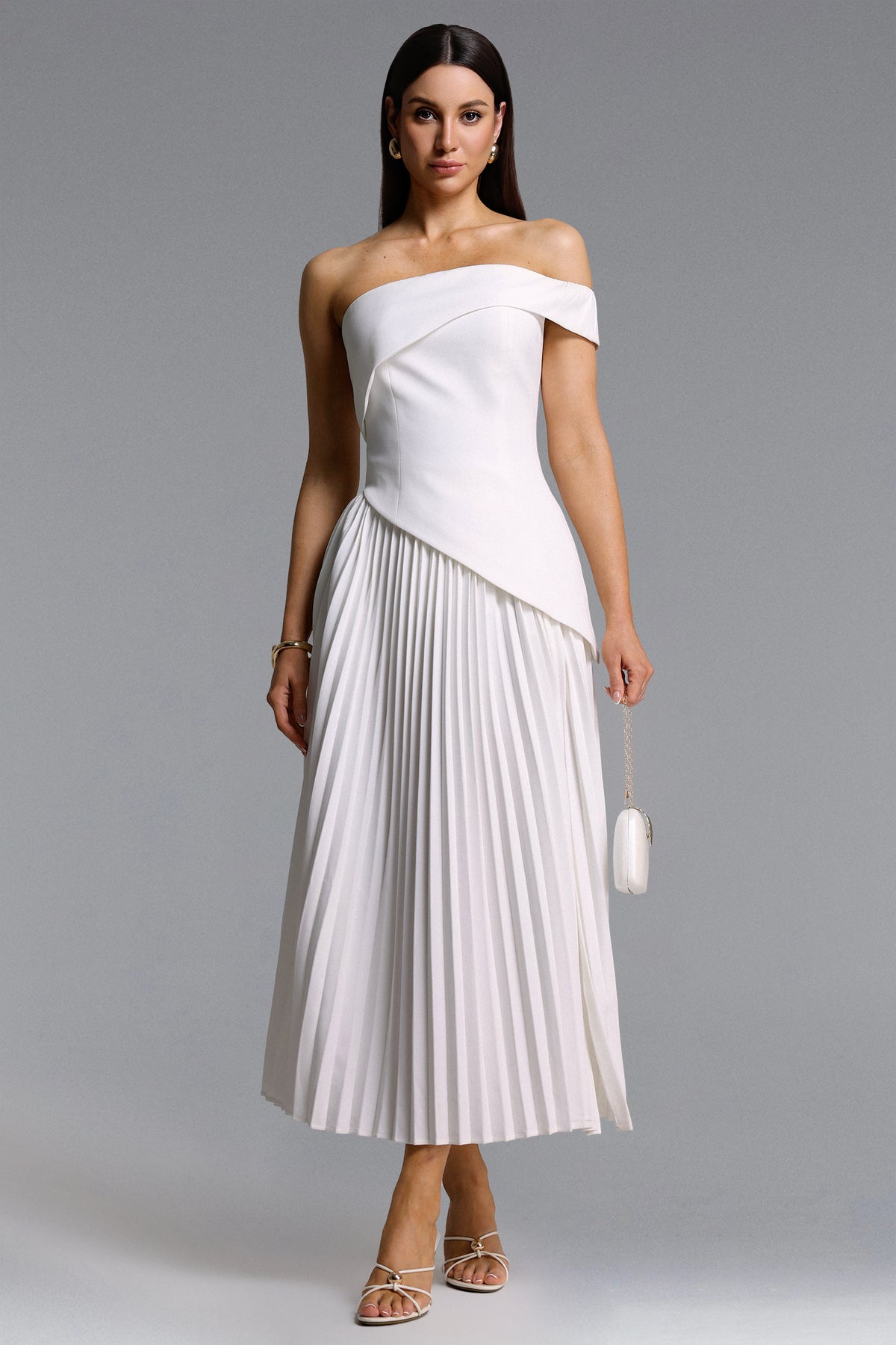Vickee Off Shoulder Asymmetric Pleated Maxi Dress