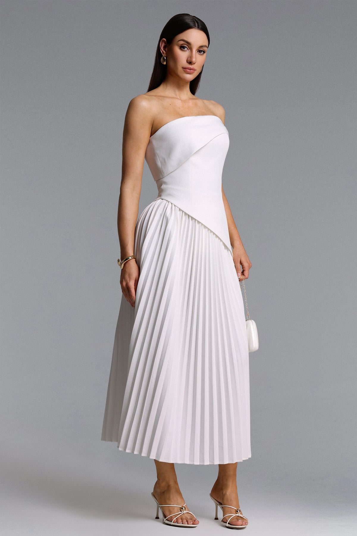 Vickee Off Shoulder Asymmetric Pleated Maxi Dress
