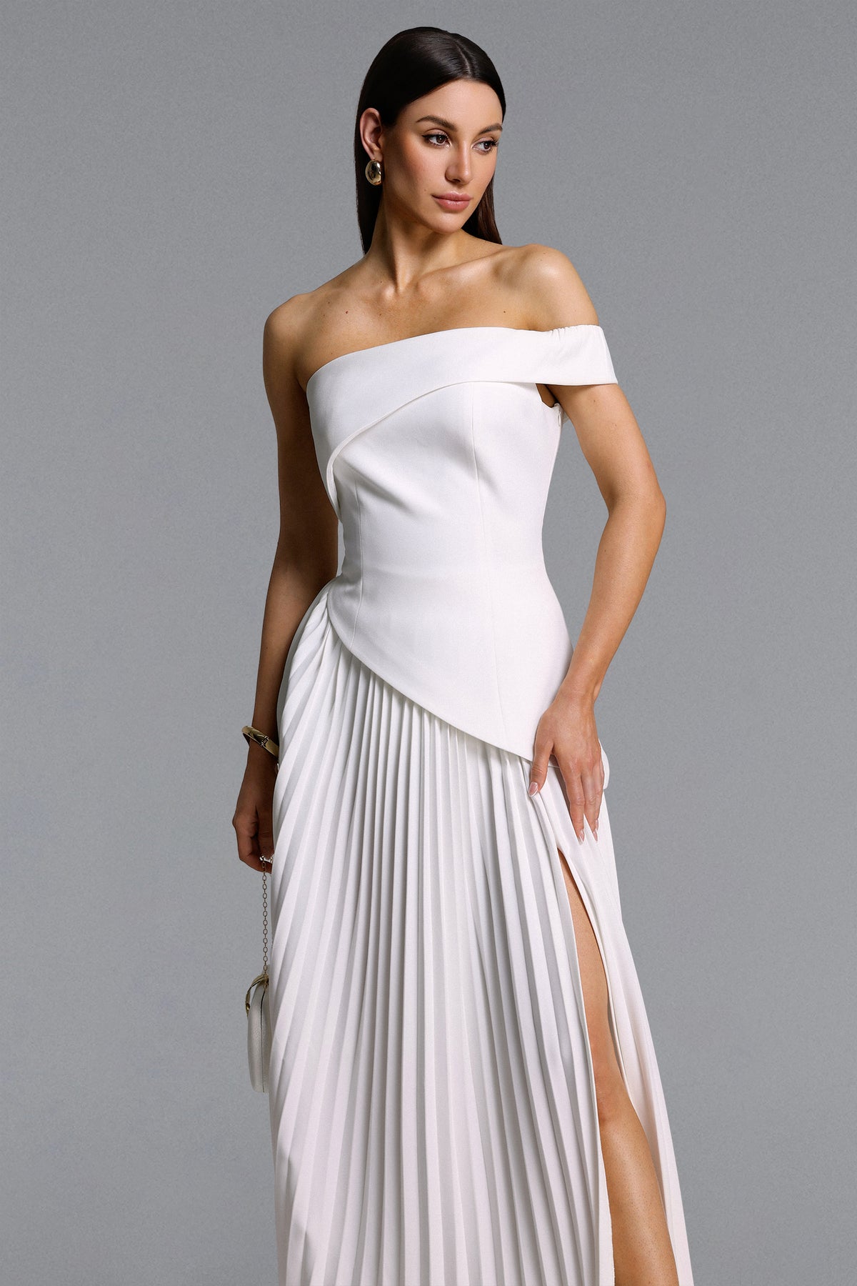 Vickee Off Shoulder Asymmetric Pleated Maxi Dress
