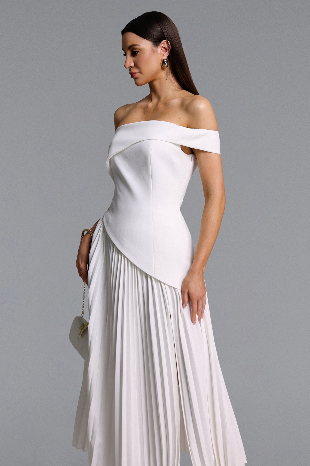 Vickee Off Shoulder Asymmetric Pleated Maxi Dress