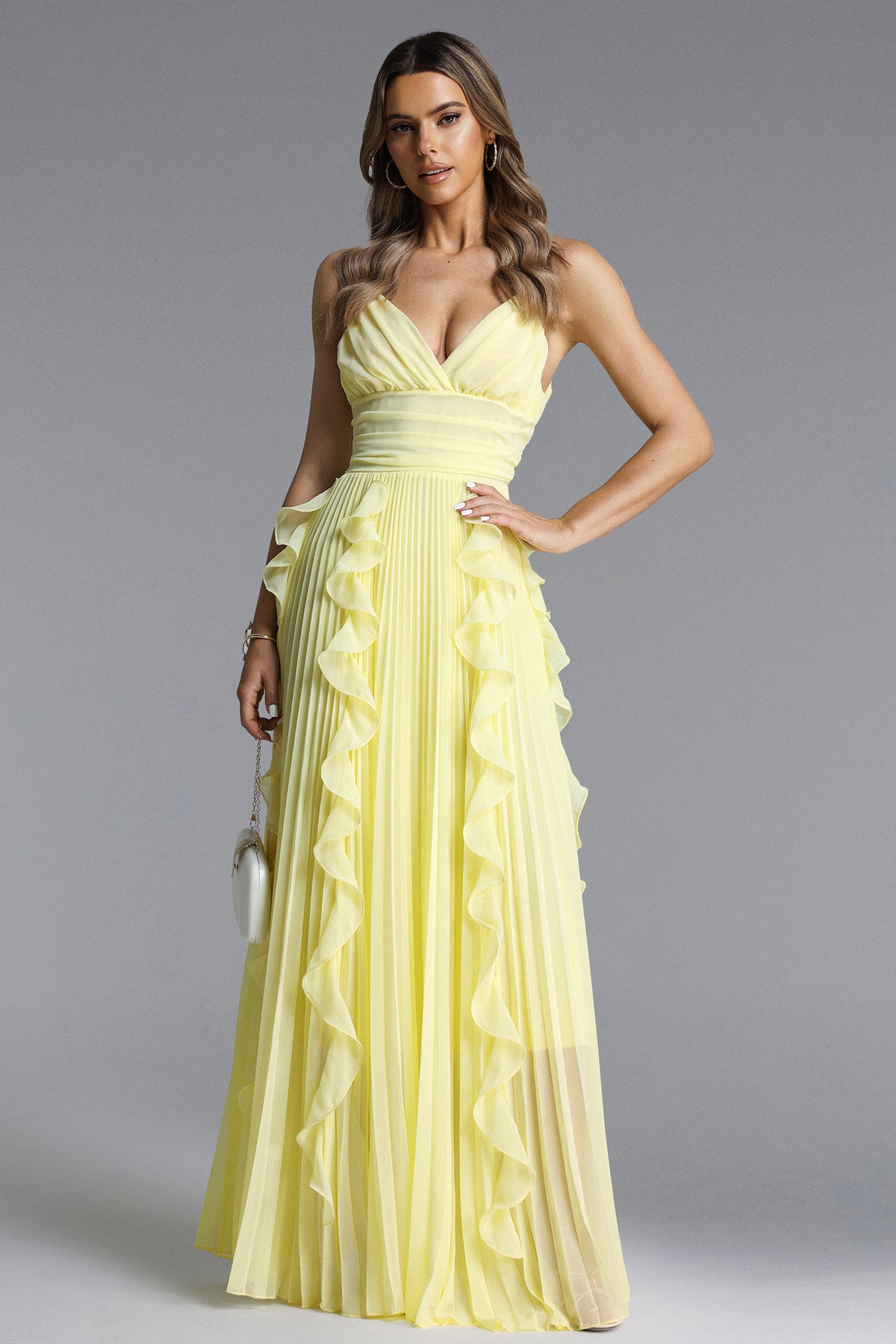 Viky Flowy Sleeveless Pleated Ruffle Maxi Dress