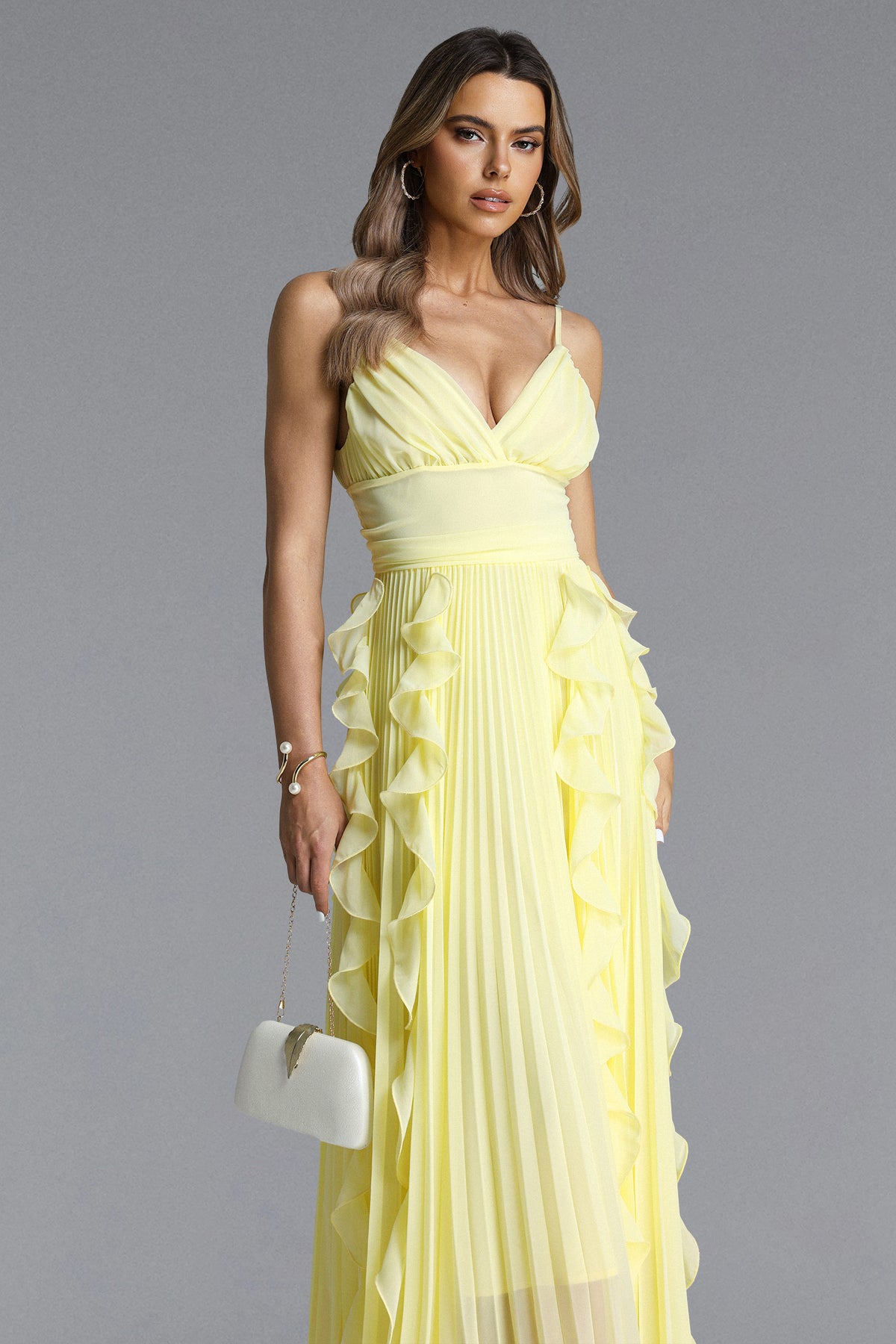 Viky Elegant Flowy Sleeveless Pleated Ruffle Maxi Dress