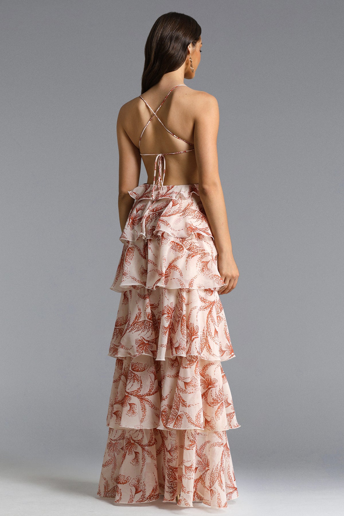 Valerie Flowy Halter Ruffle Sequin Print Maxi Dress