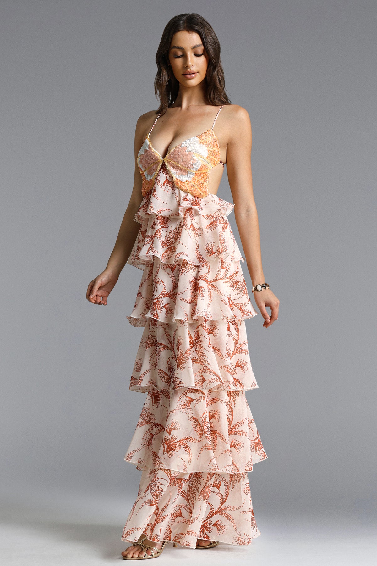 Valerie Flowy Halter Ruffle Sequin Print Maxi Dress