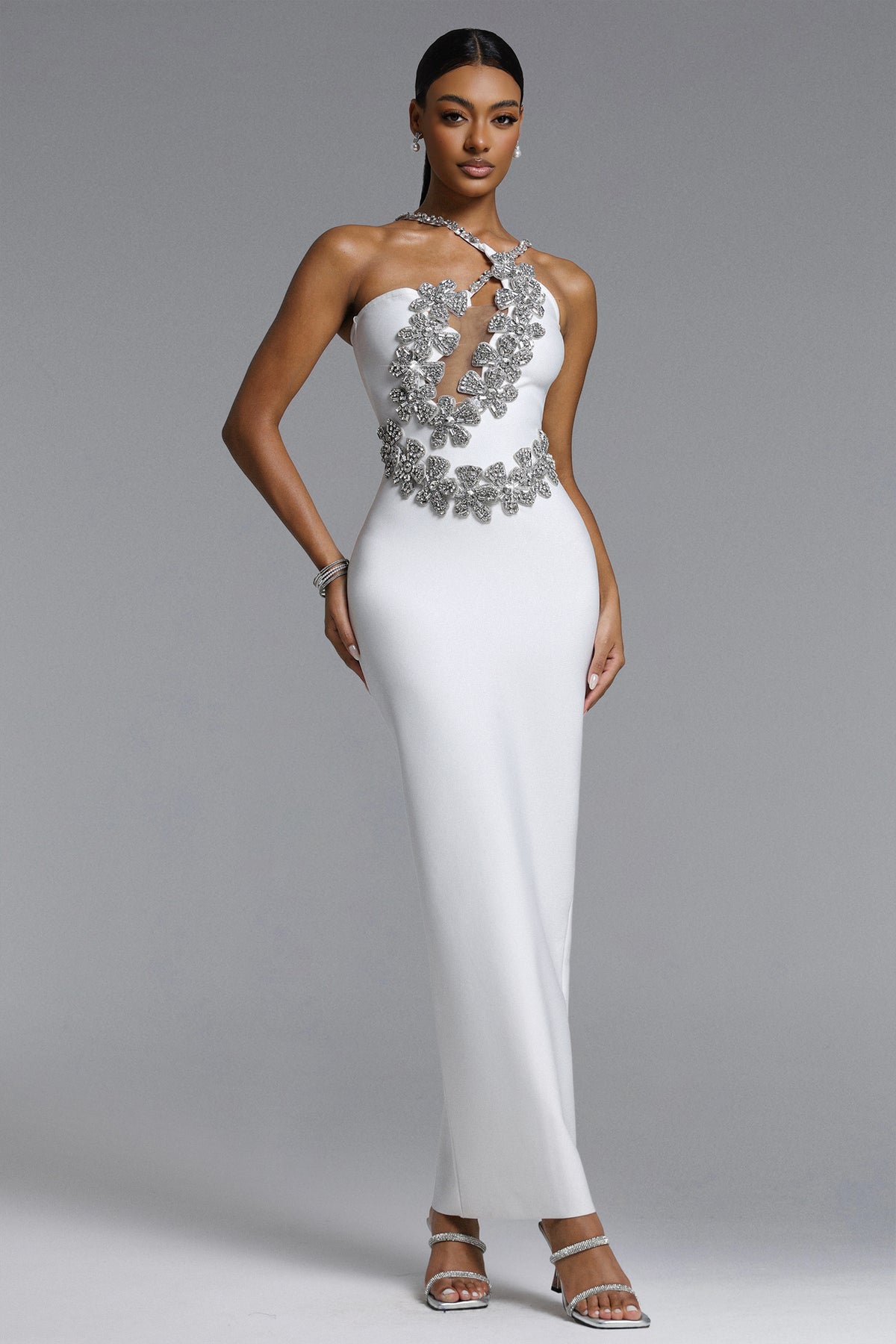 Veronic Halter Cut Out Rhinestone Floral Bandage Maxi Dress