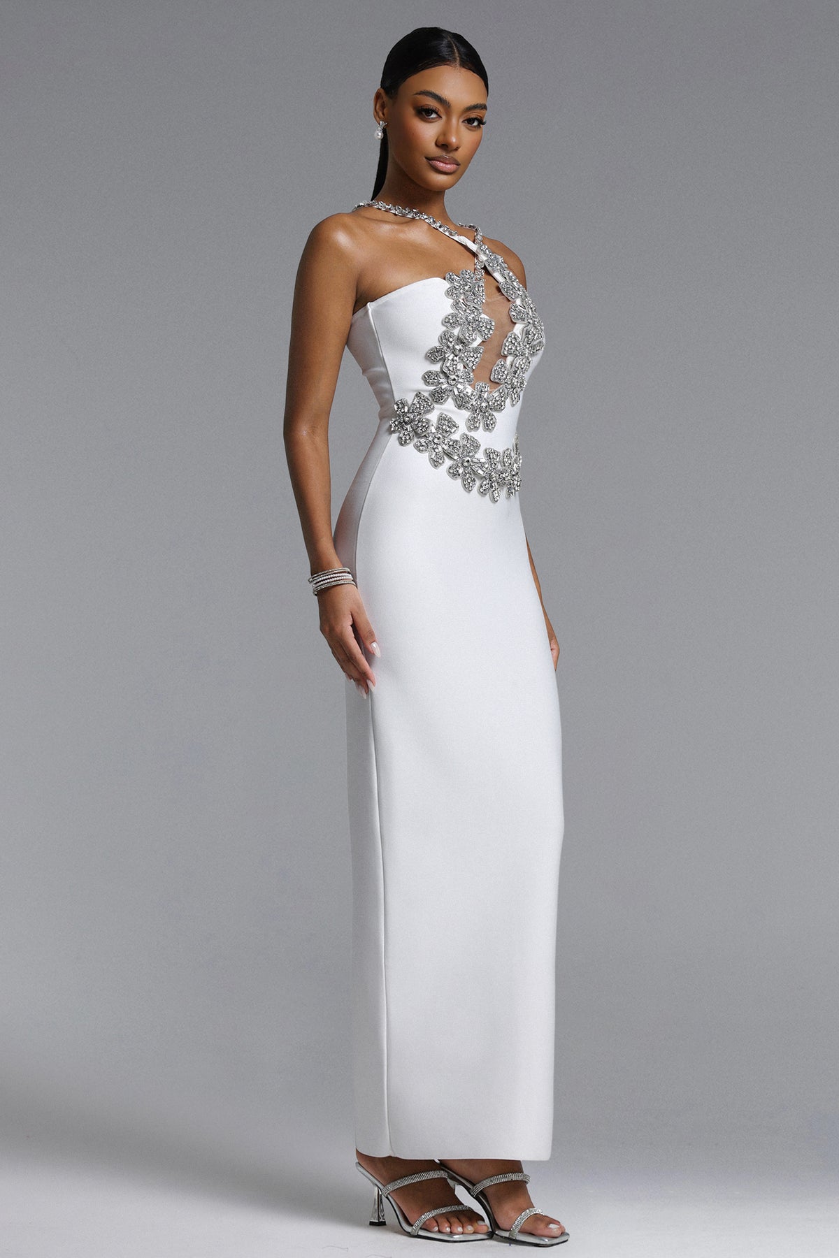 Veronic Halter Cut Out Rhinestone Floral Bandage Maxi Dress