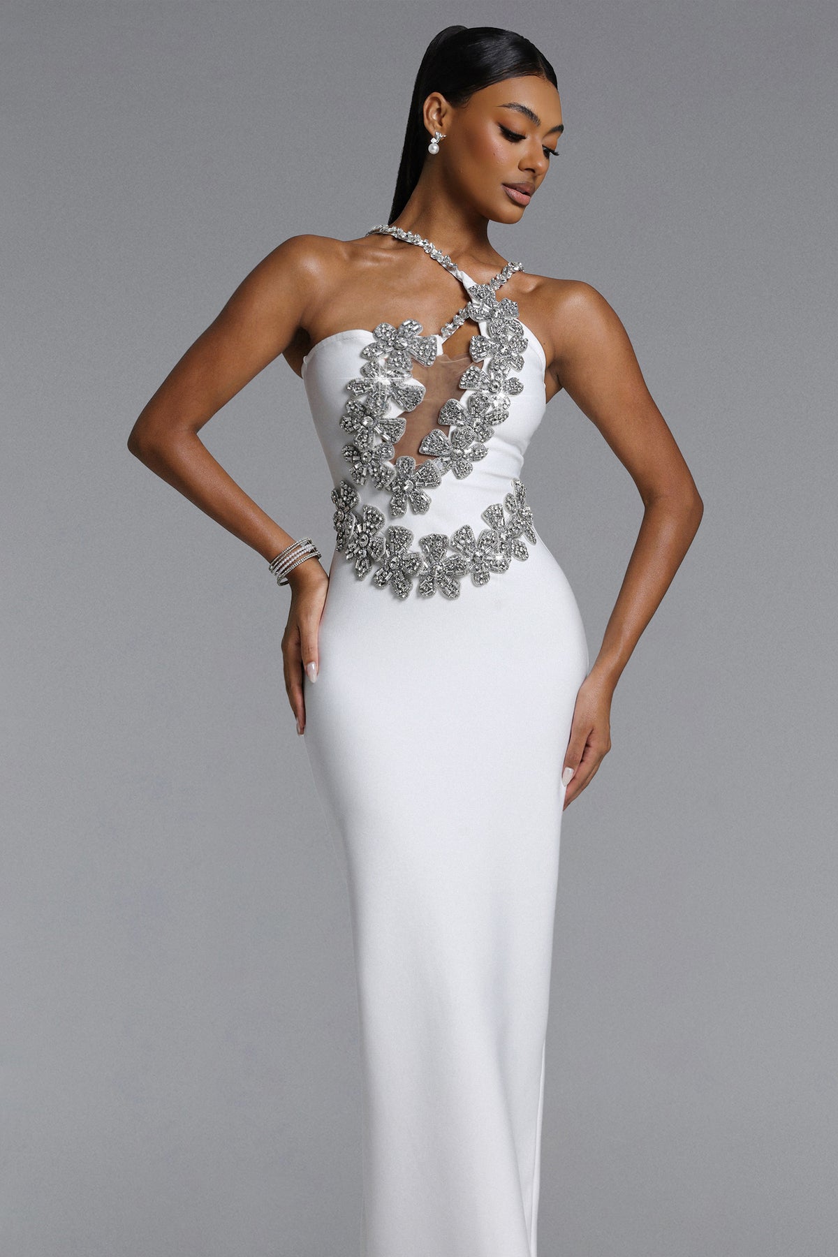 Veronic Halter Cut Out Rhinestone Floral Bandage Maxi Dress