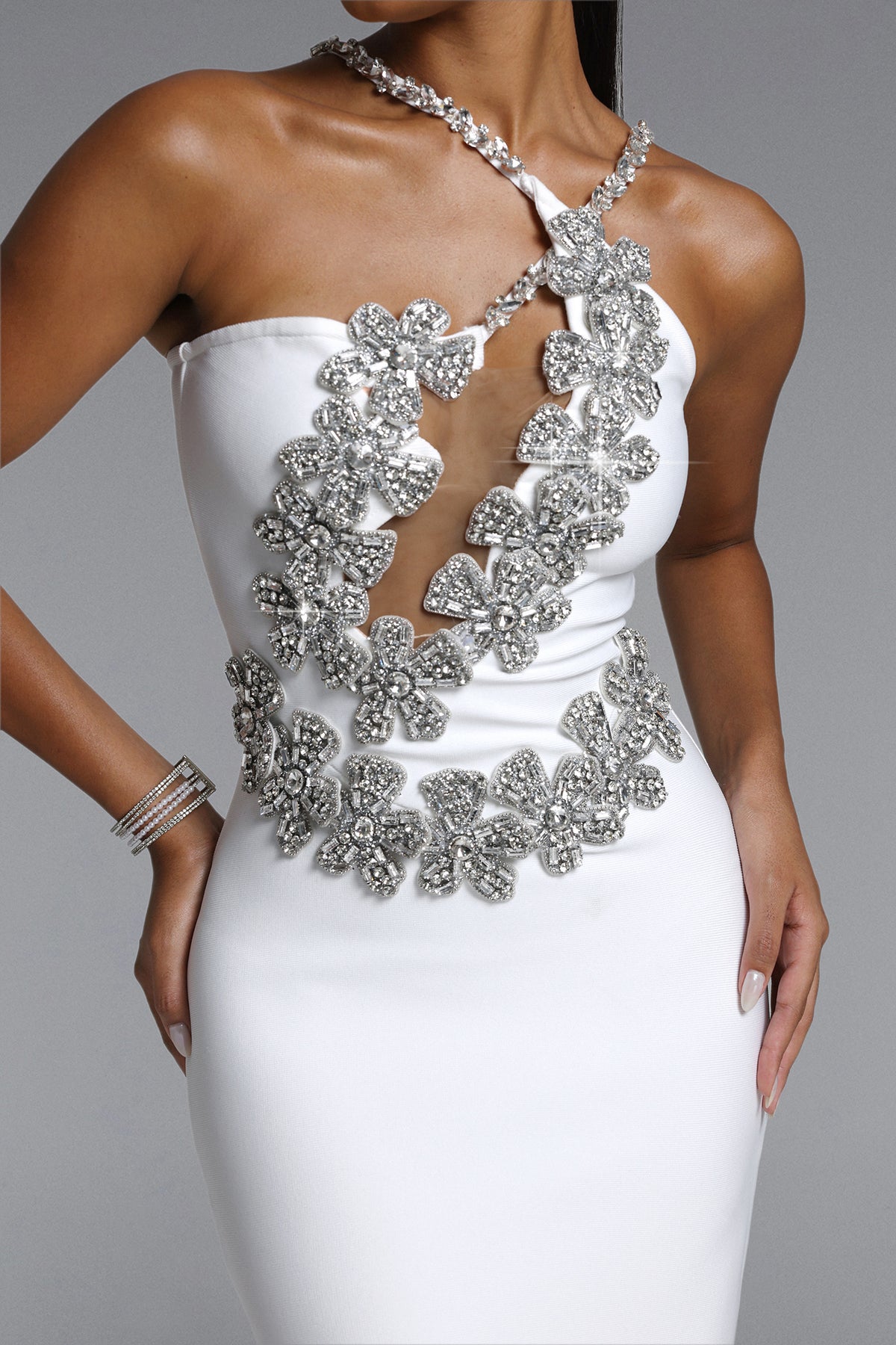 Veronic Halter Cut Out Rhinestone Floral Bandage Maxi Dress