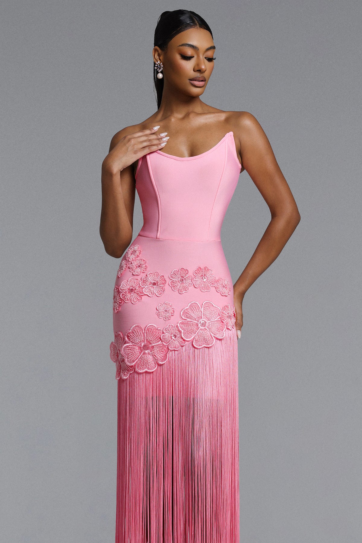 Ezgi Strapless Floral Fringe Bandage Maxi Dress