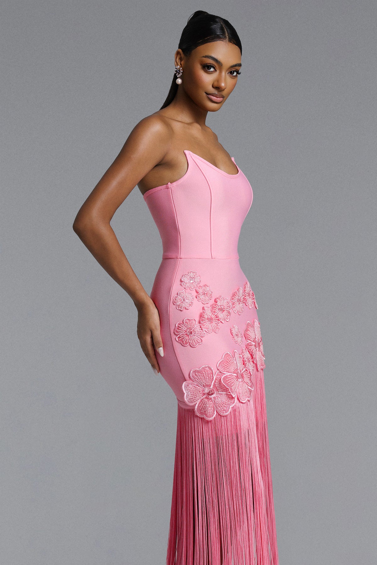 Ezgi Strapless Floral Fringe Bandage Maxi Dress