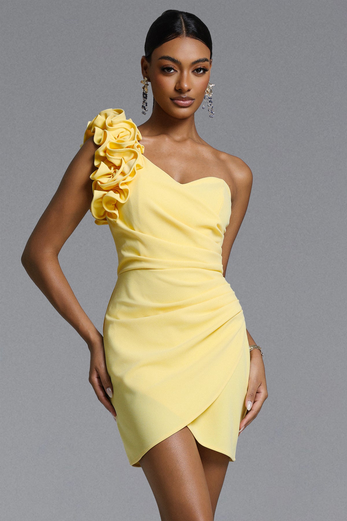 Roanna One Shoulder Ruched Ruffle Mini Dress