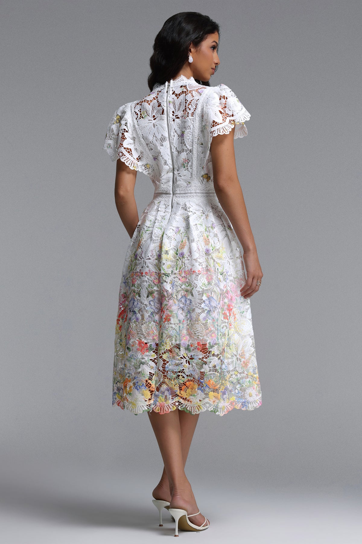 Leanna Flowy Short Sleeve Floral Print Lace Midi Dress