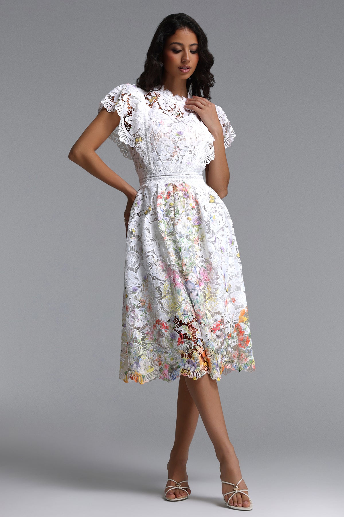 Leanna Flowy Short Sleeve Floral Print Lace Midi Dress