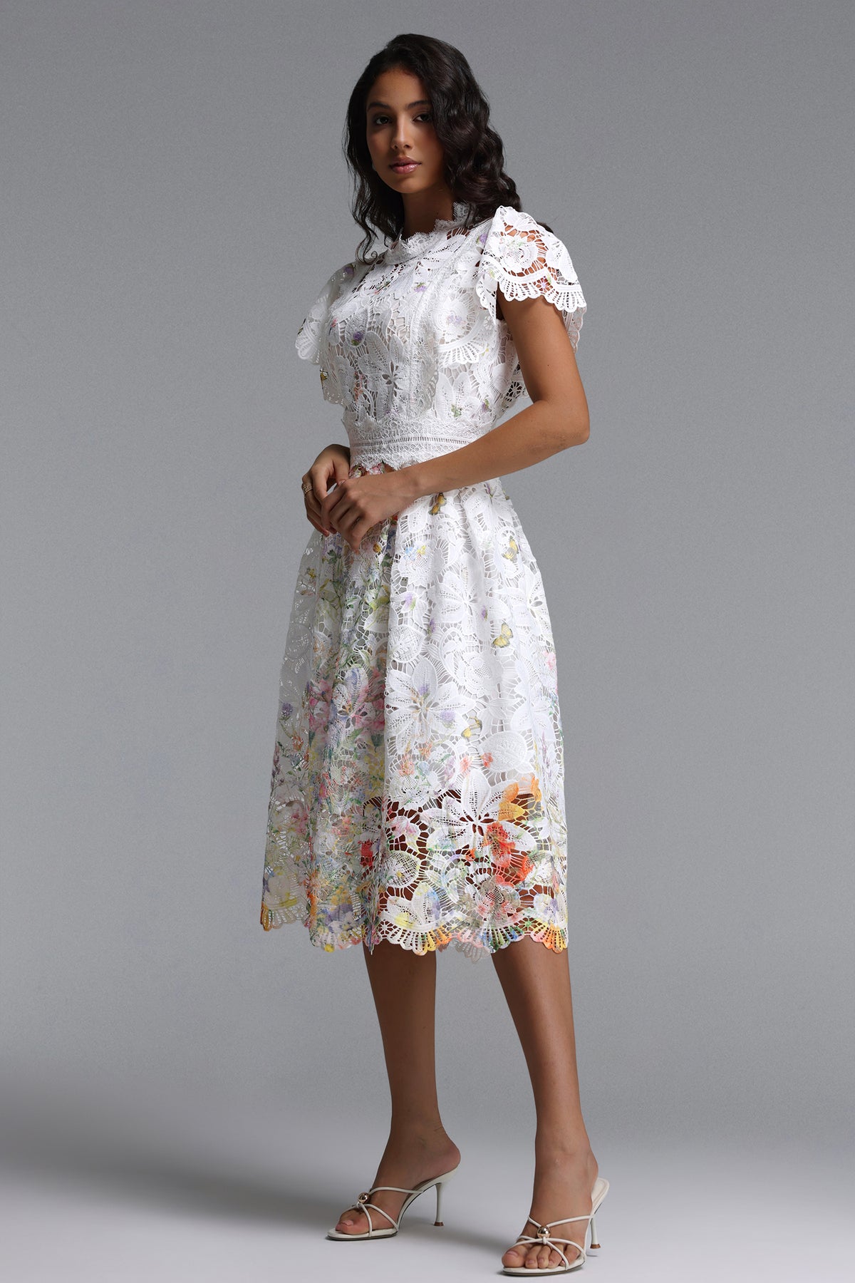 Leanna Flowy Short Sleeve Floral Print Lace Midi Dress
