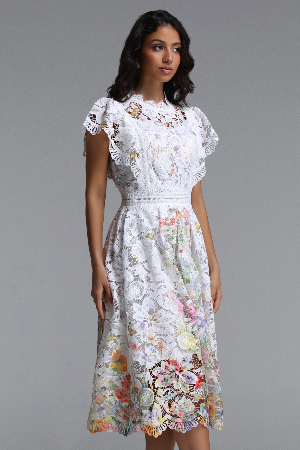 Leanna Flowy Short Sleeve Floral Print Lace Midi Dress