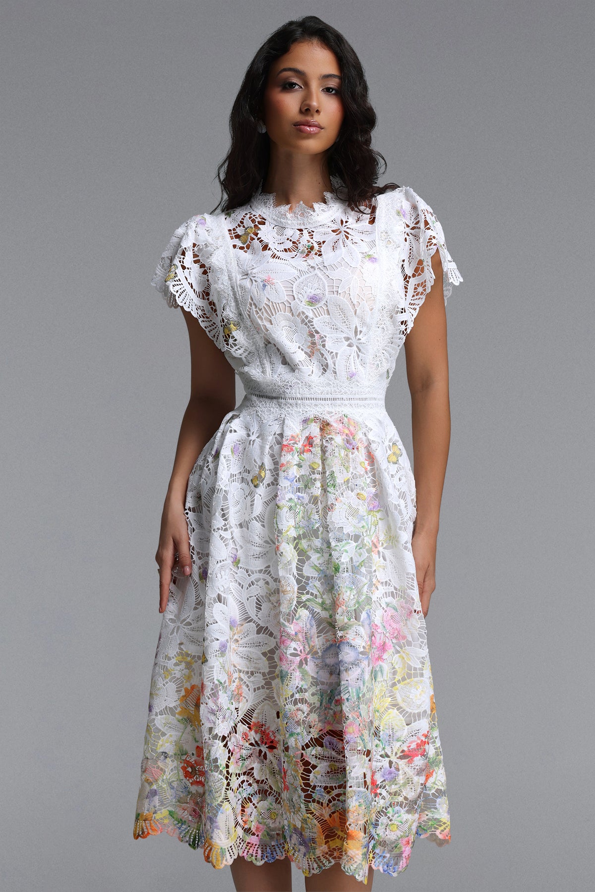 Leanna Flowy Short Sleeve Floral Print Lace Midi Dress