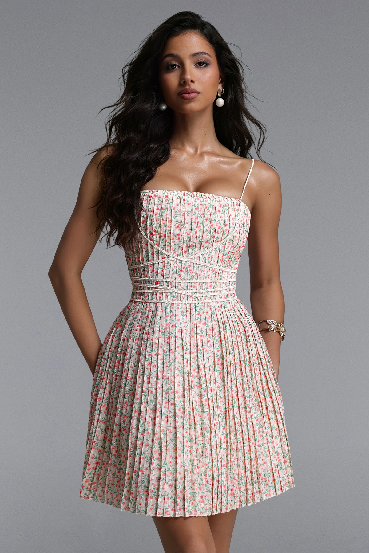 Modan Cinched Sleeveless Floral Print Pleated Woven Mini Dress