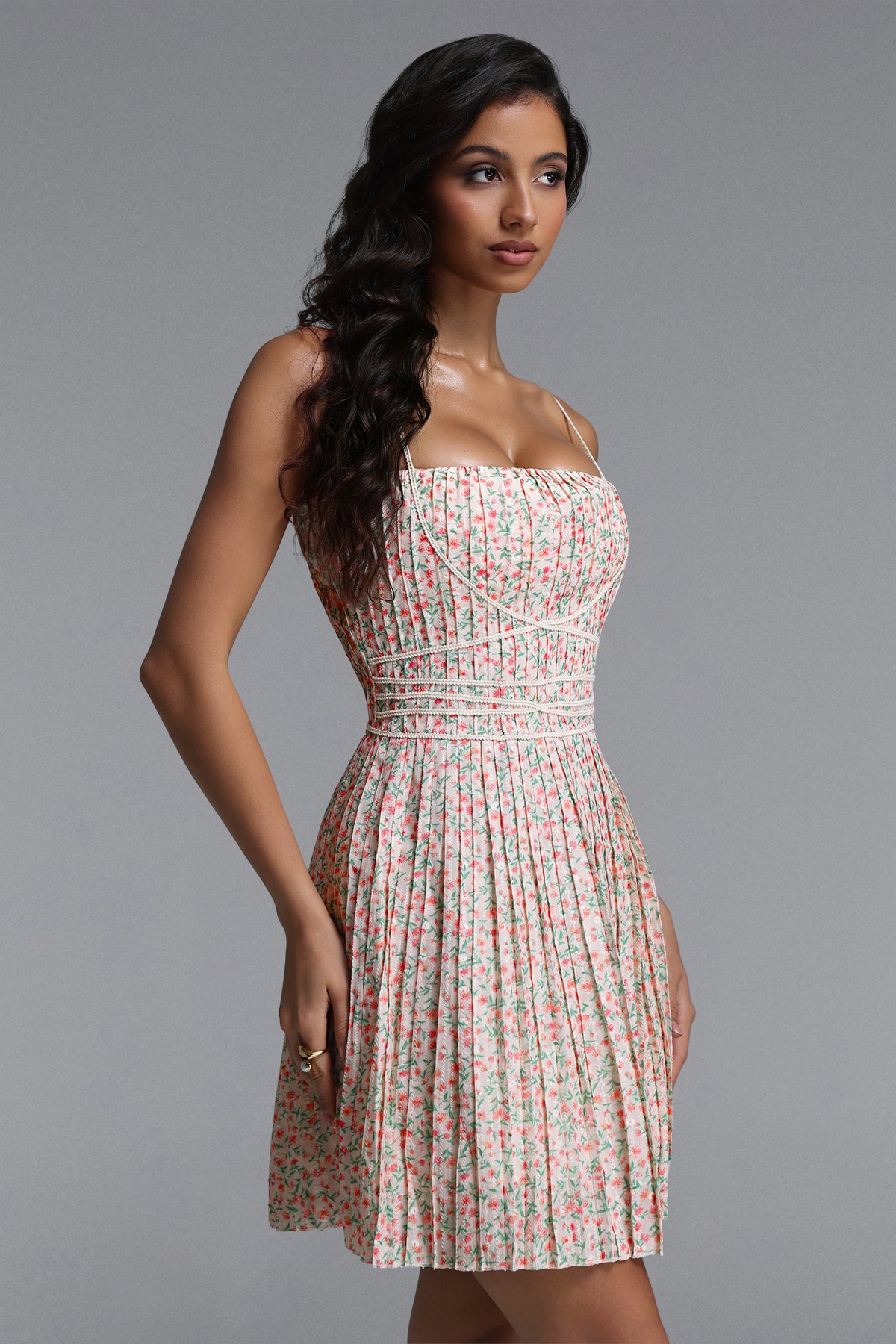 Modan Cinched Sleeveless Floral Print Pleated Woven Mini Dress